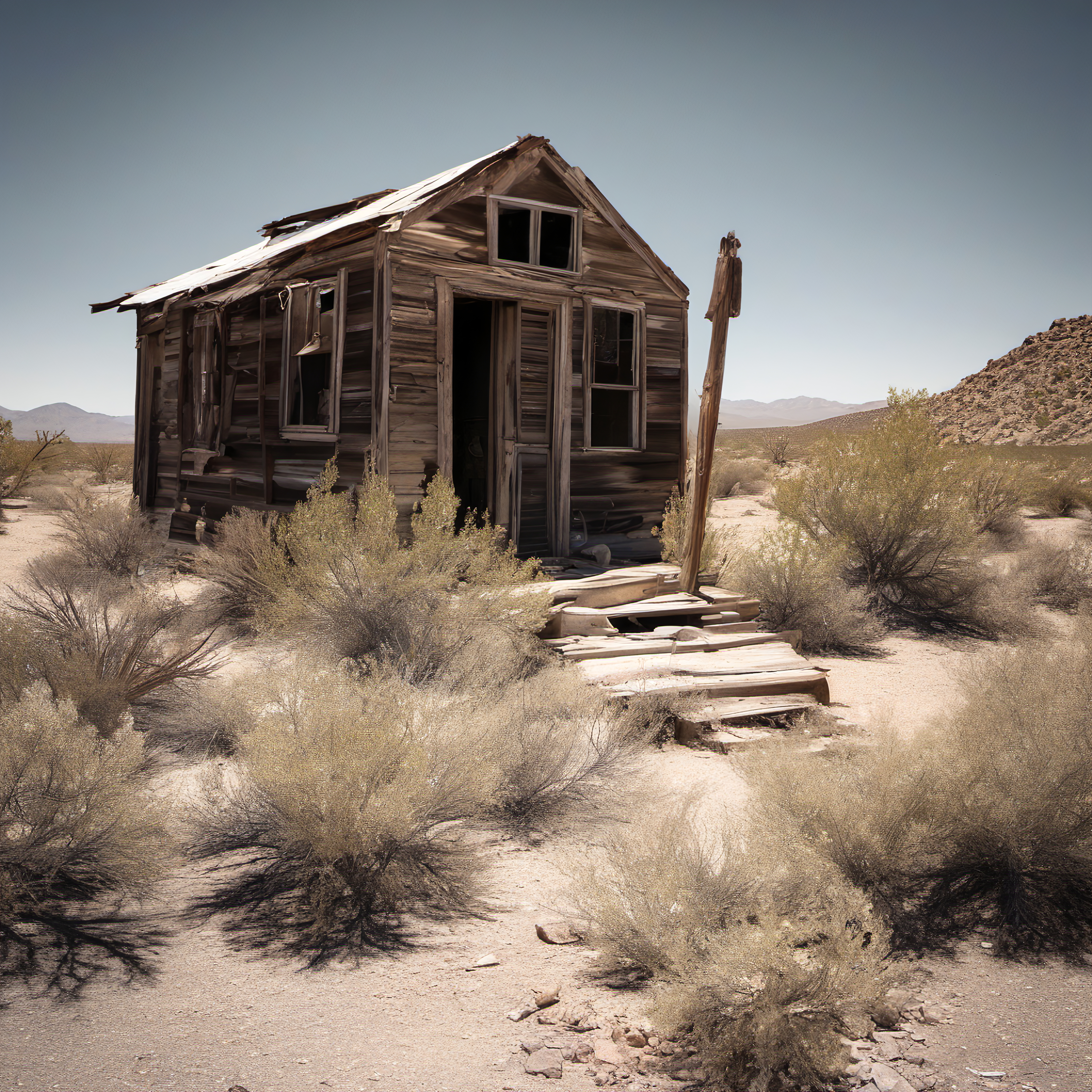 Abandoned wooden cabin in the desert wilderness