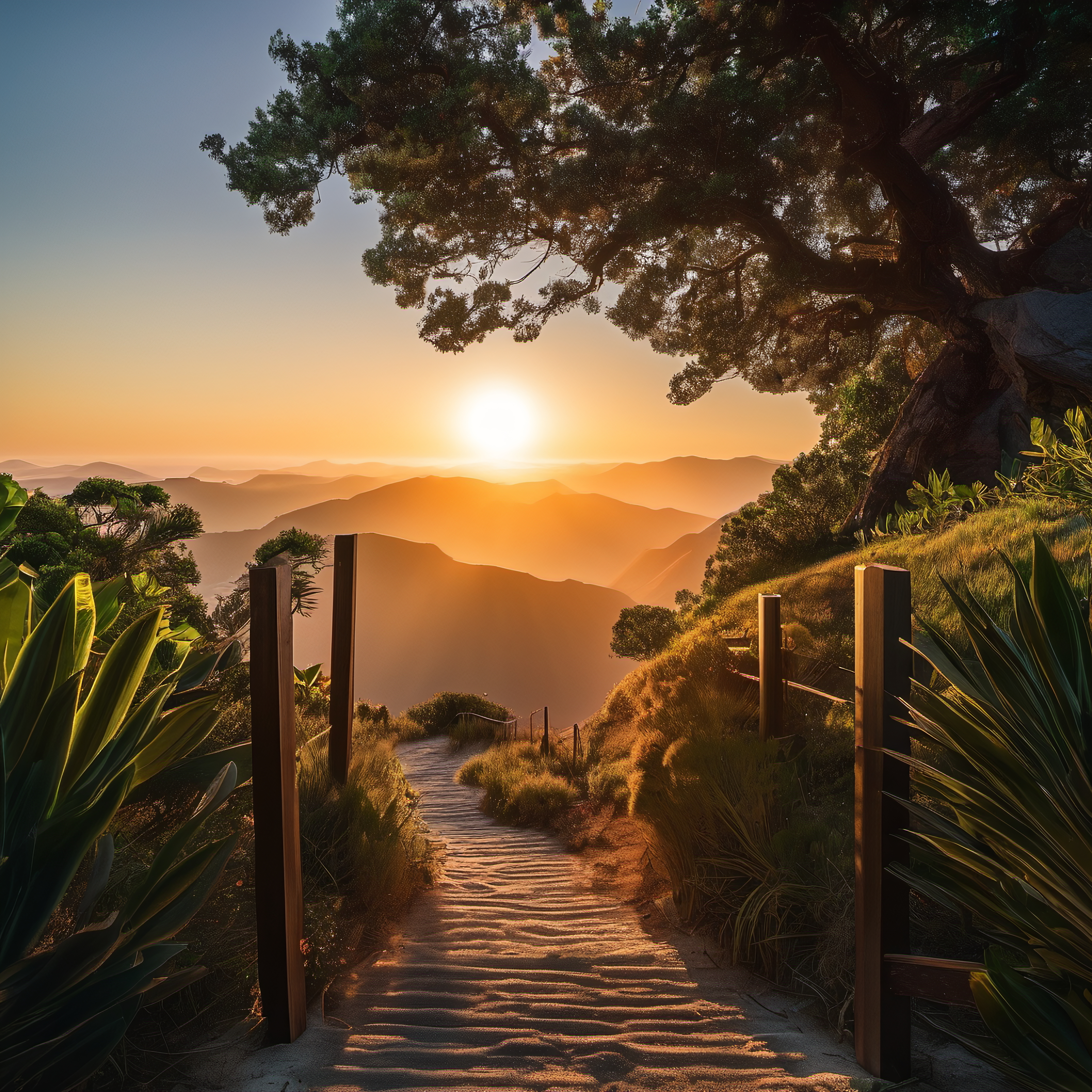 Serene sunset trail through mountainside forest leading to panoramic vista