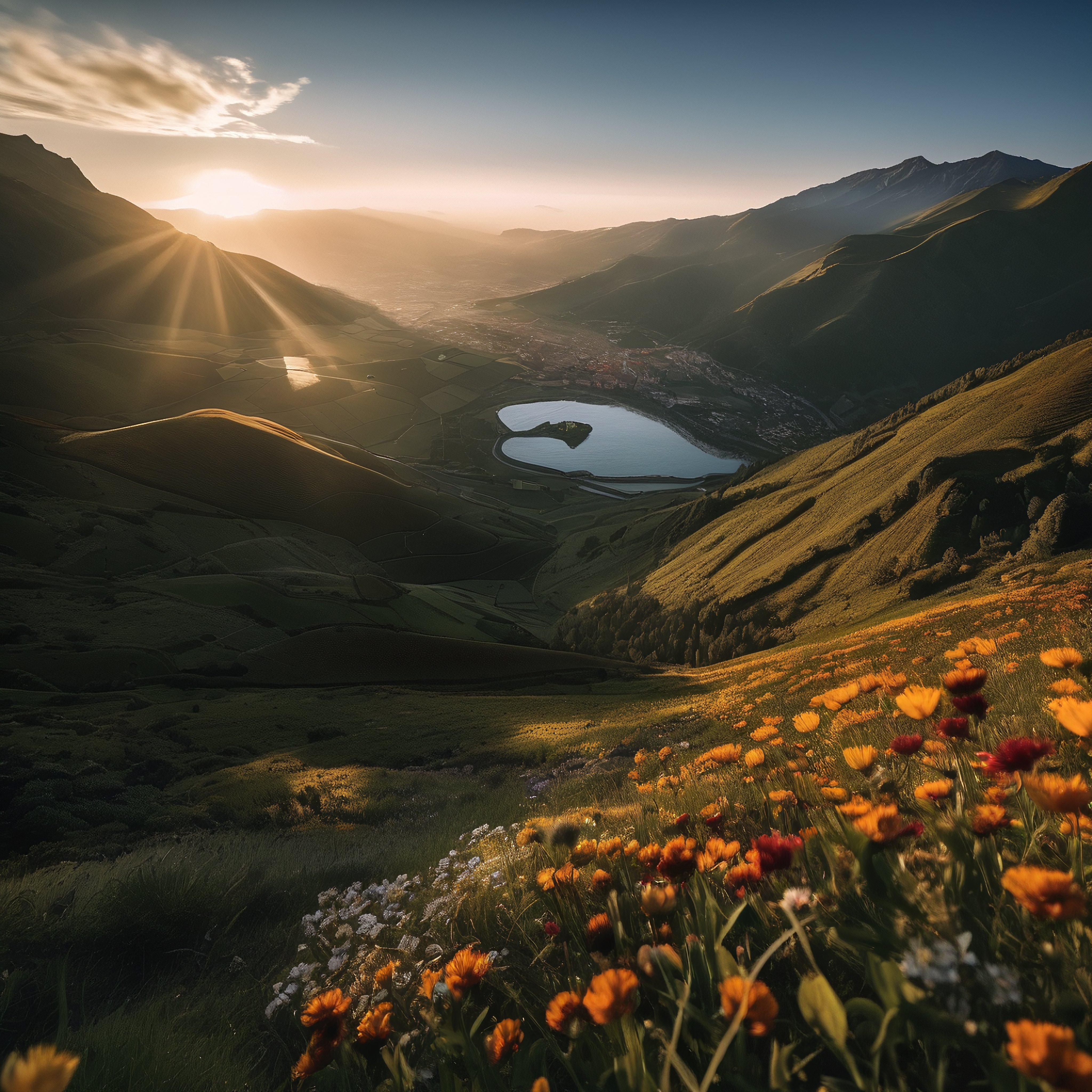 Breathtaking sunset over valley with vibrant wildflowers blooming against serene mountain backdrop.