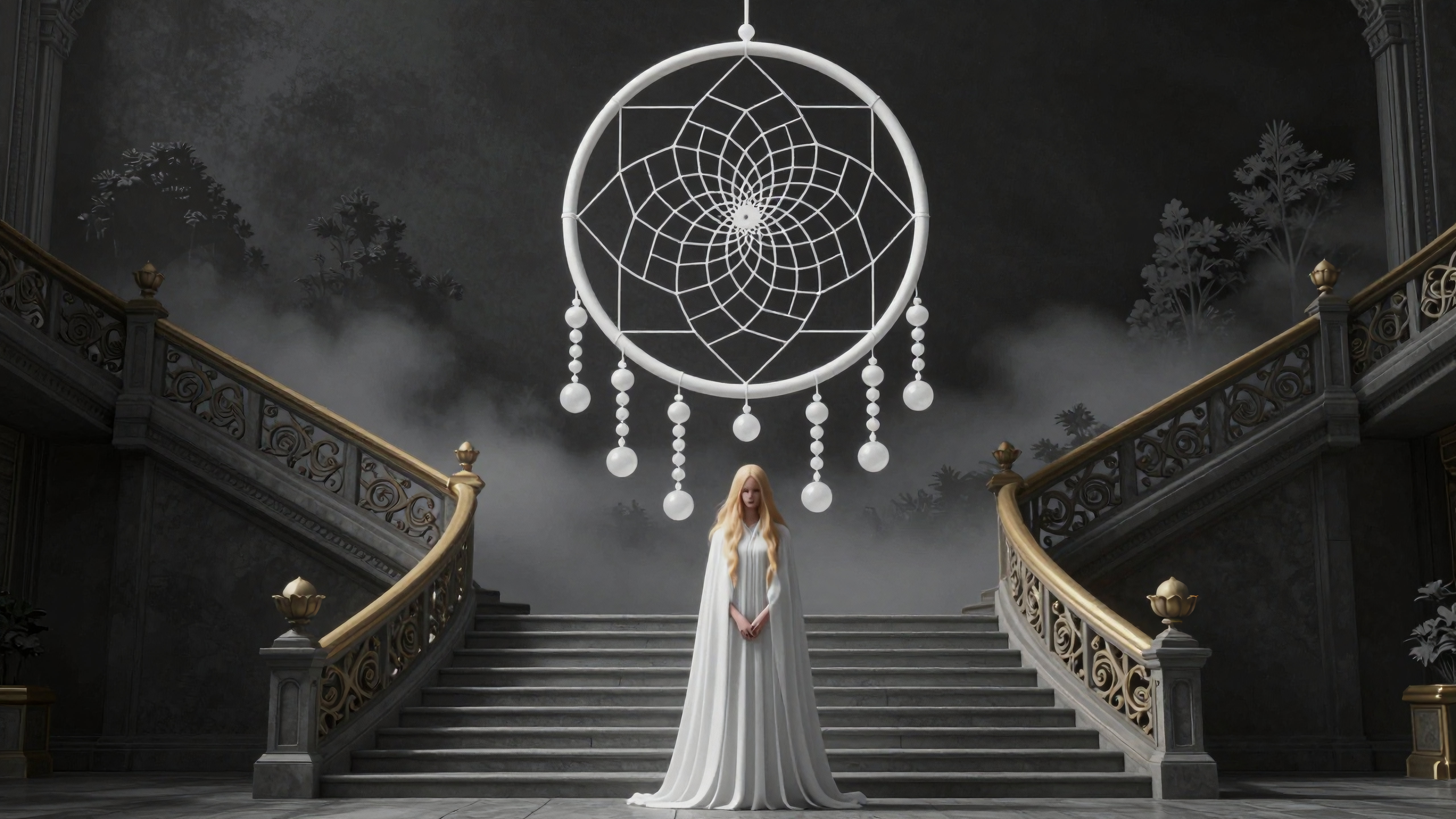 Ethereal Woman under a Dreamcatcher in Grand Staircase Setting