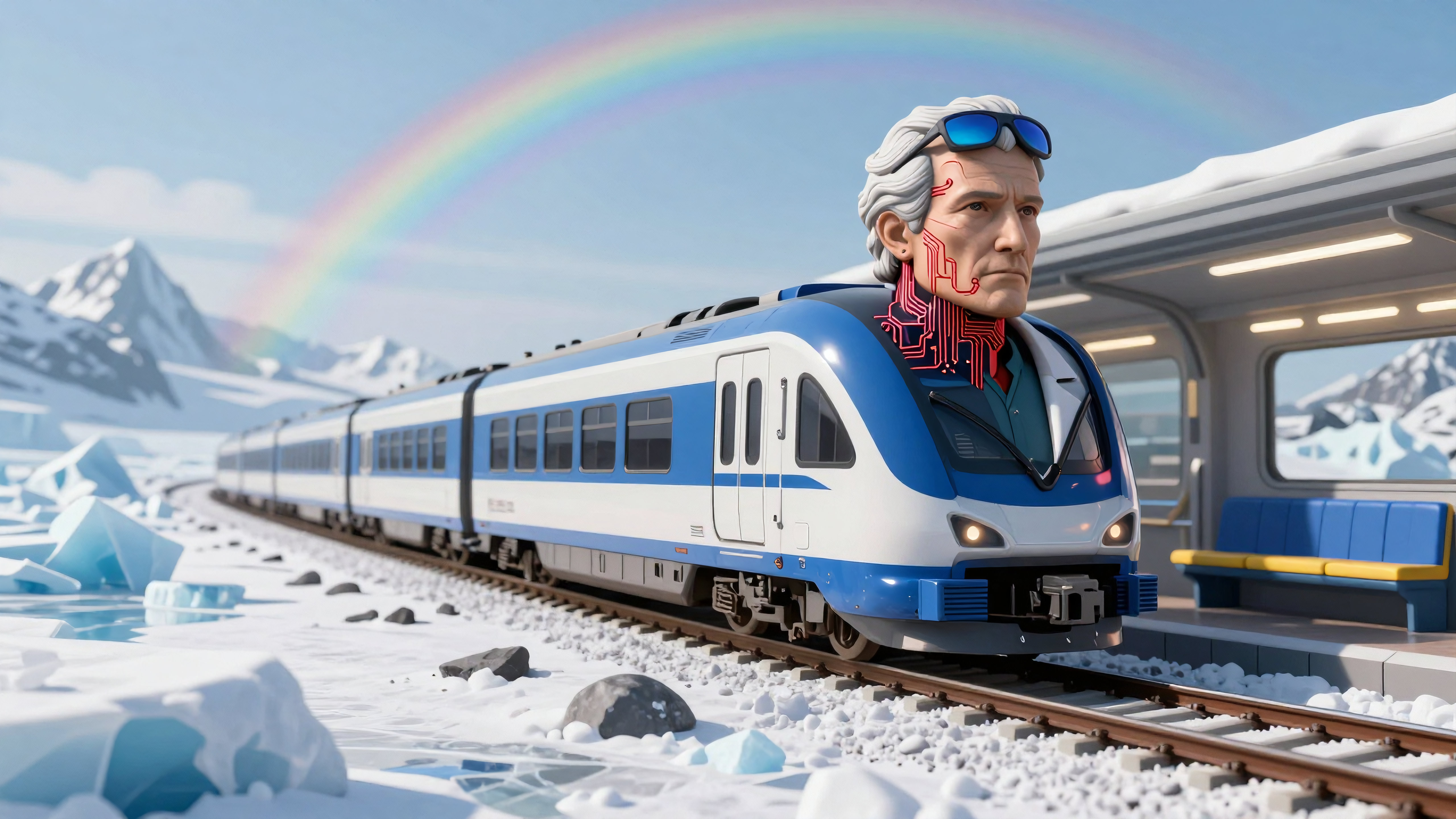 Modern Train with Cybernetic Human Head in Snowy Alpine Railway