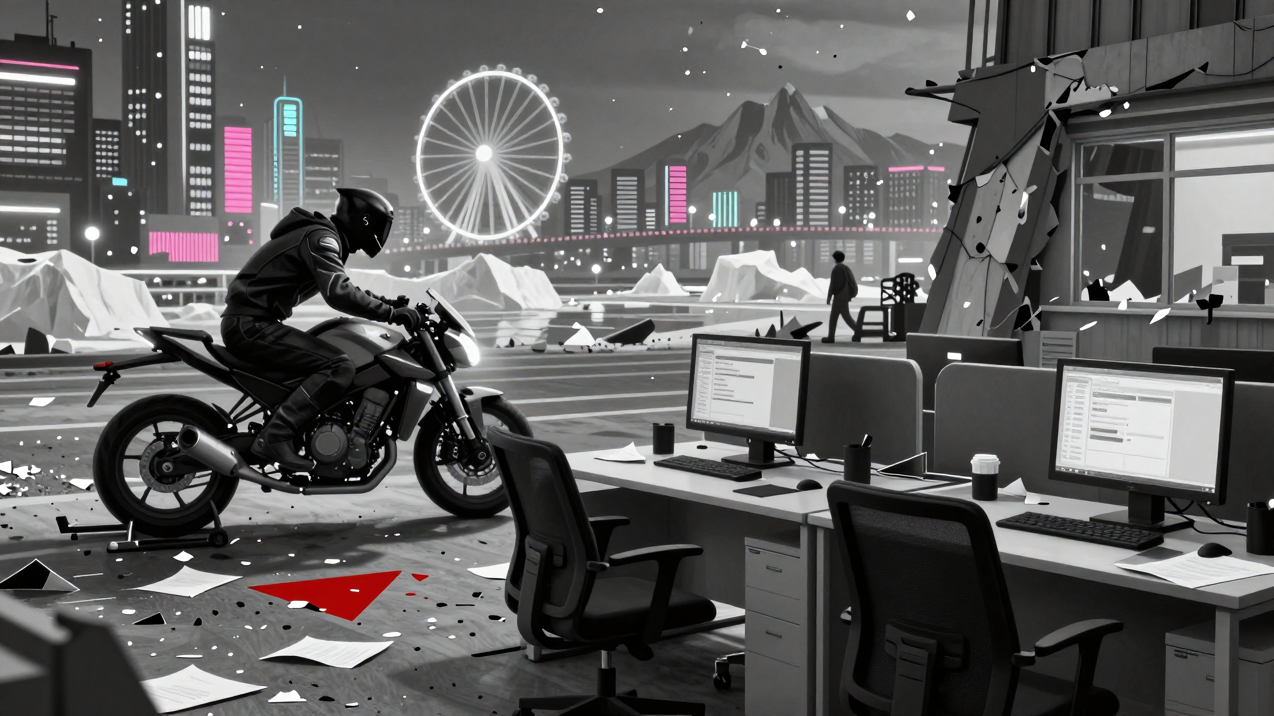 Cyberpunk Office Interior with Motorcyclist and Neon Cityscape
