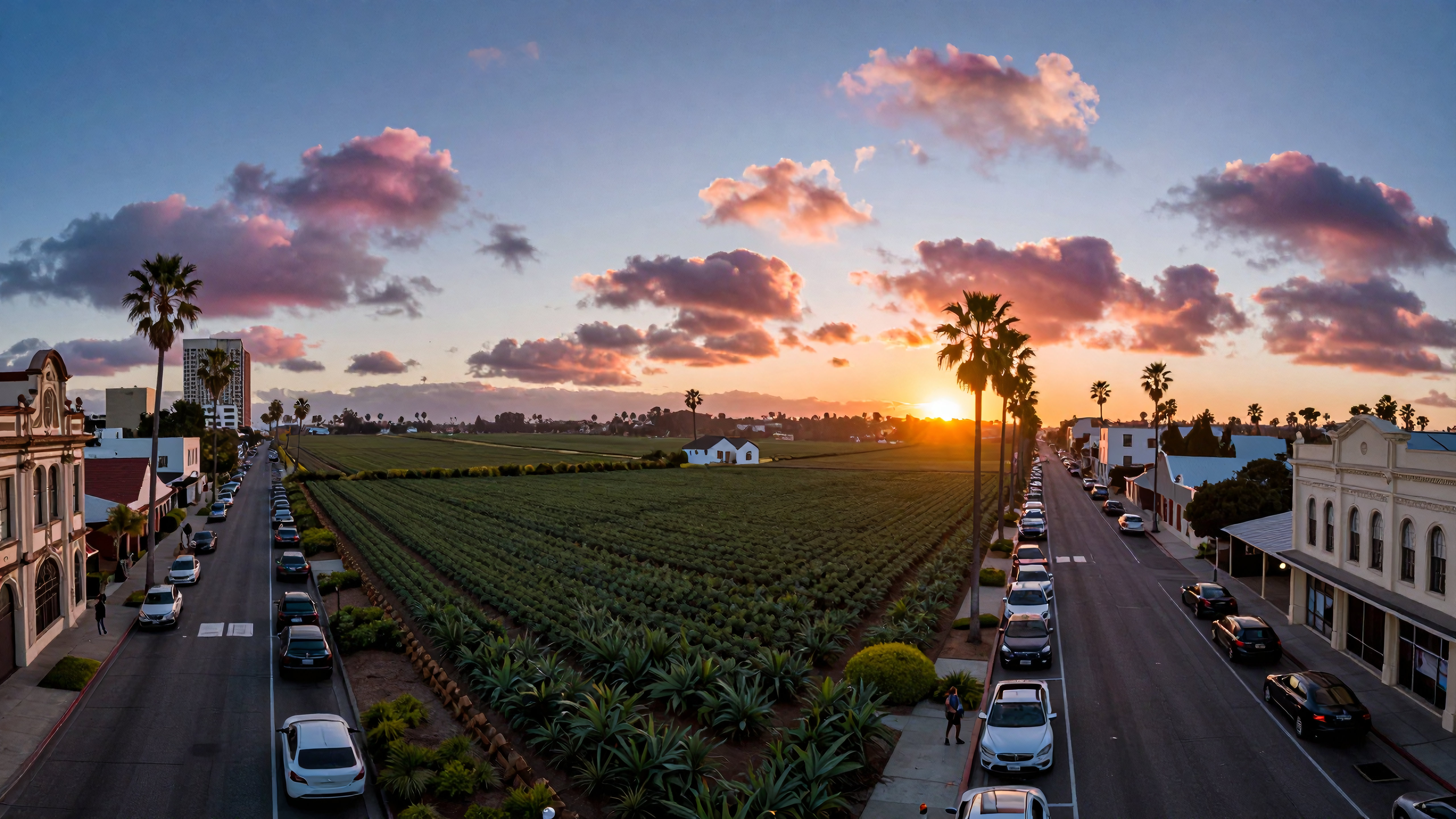 Golden Hour View of Agricultural Valley and Townscape at Sunset