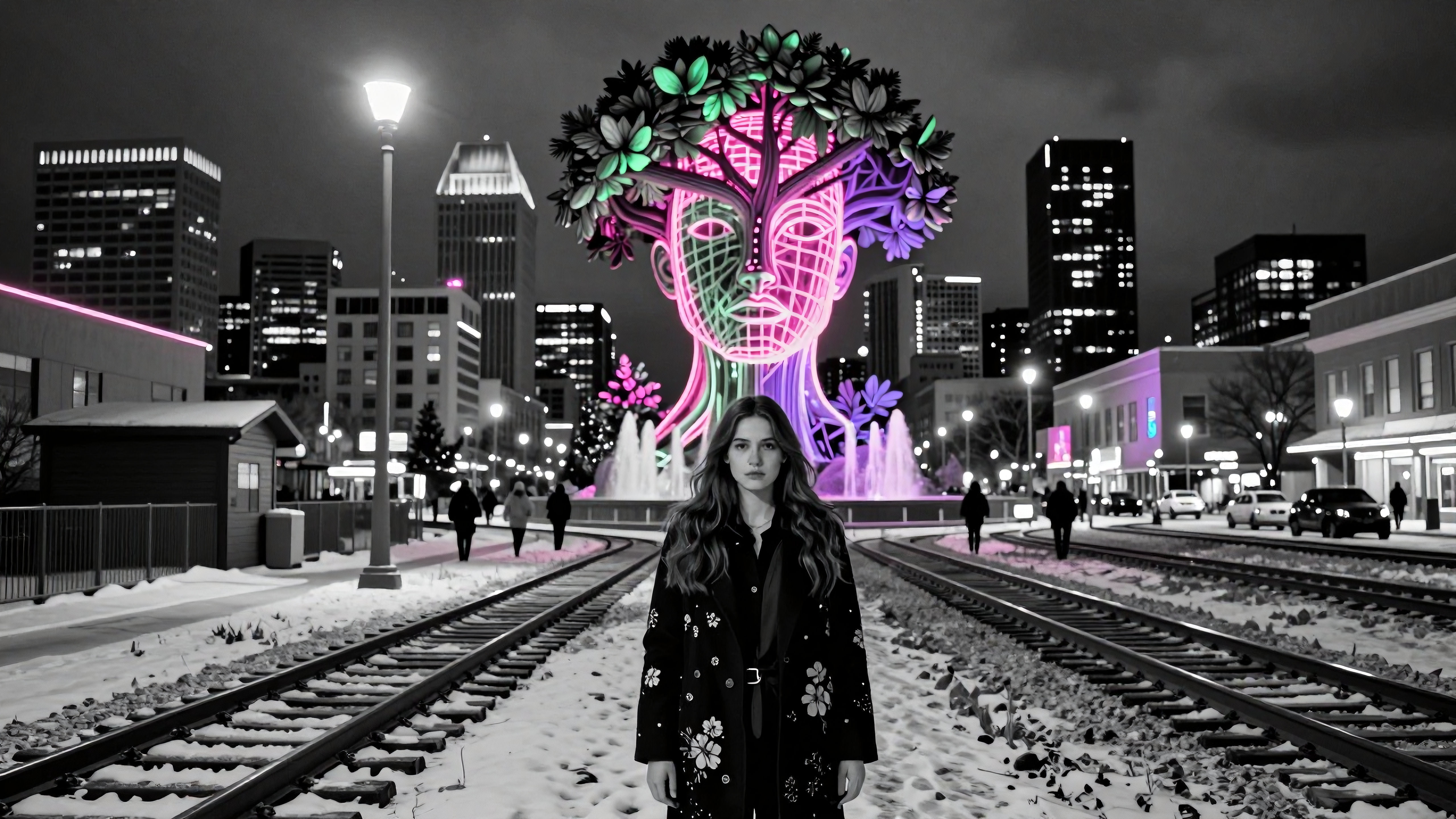 Neon Tree Art Installation at Snowy Urban Railway Station at Nig