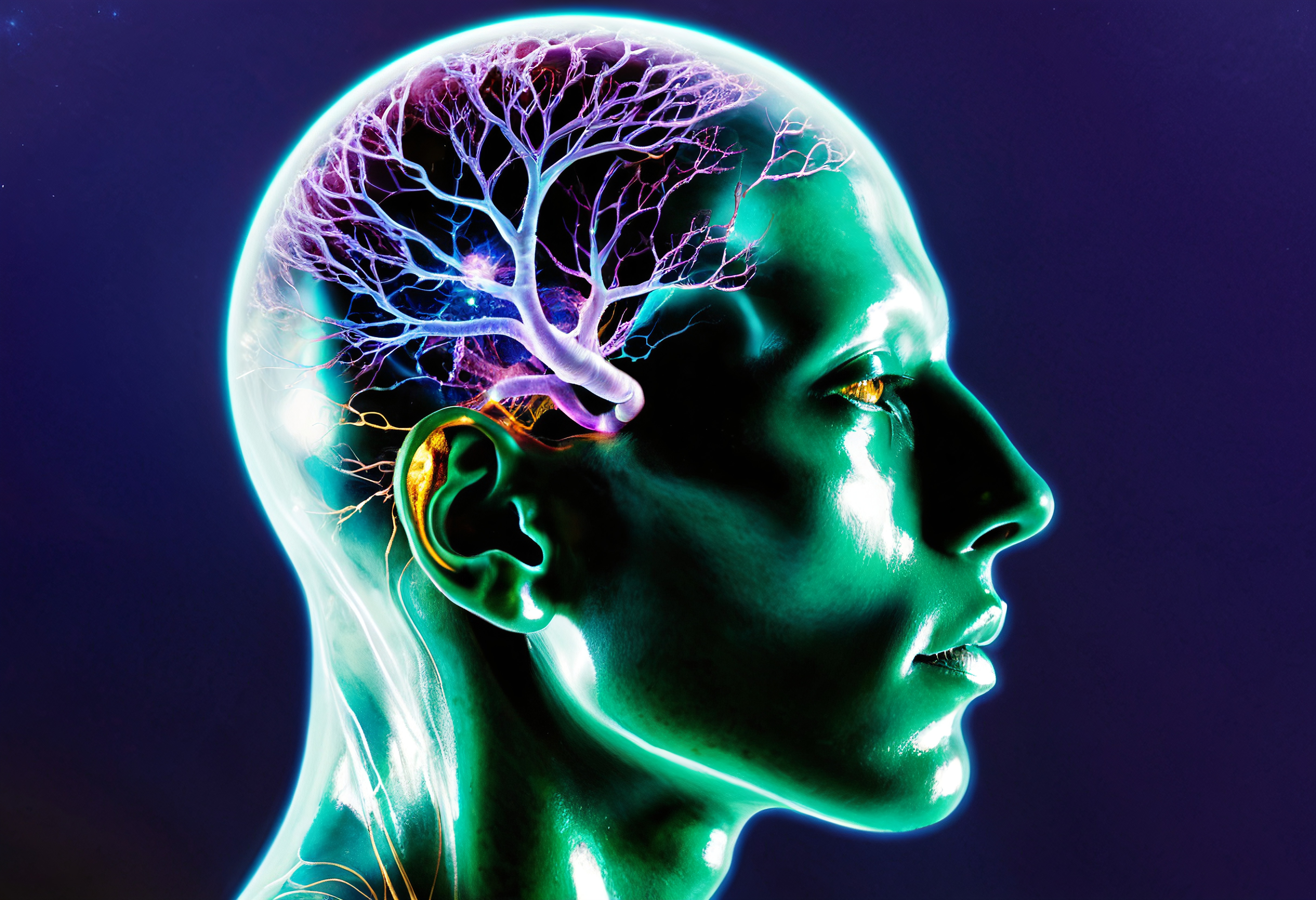 A detailed digital artwork showing a futuristic view of the human brain with radiant neural pathways, set against a cosmic background.