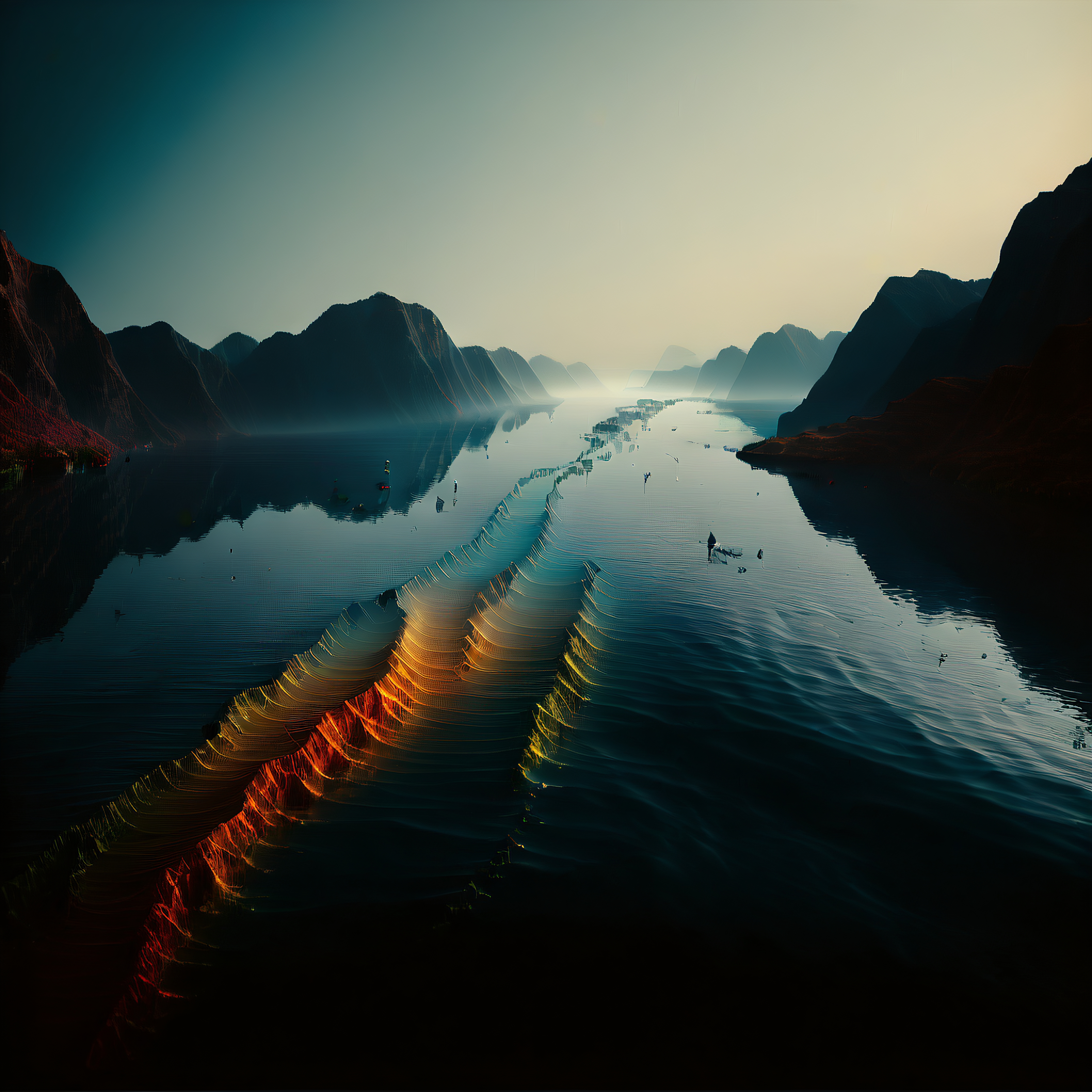 Serene Lake Valley at Dawn with Abstract Water Reflections