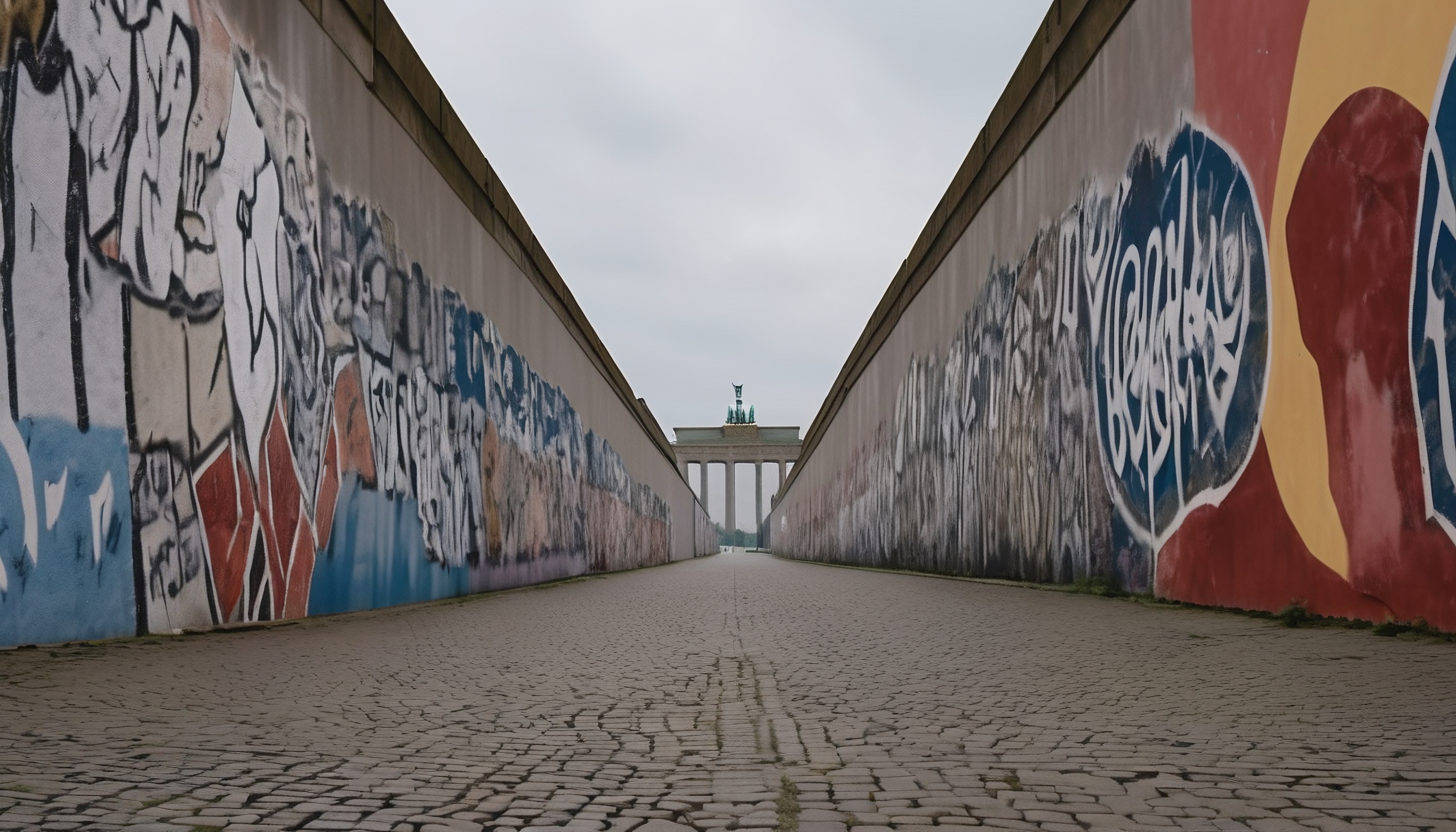 Pathway with graffiti leading to Brandenburg Gate.