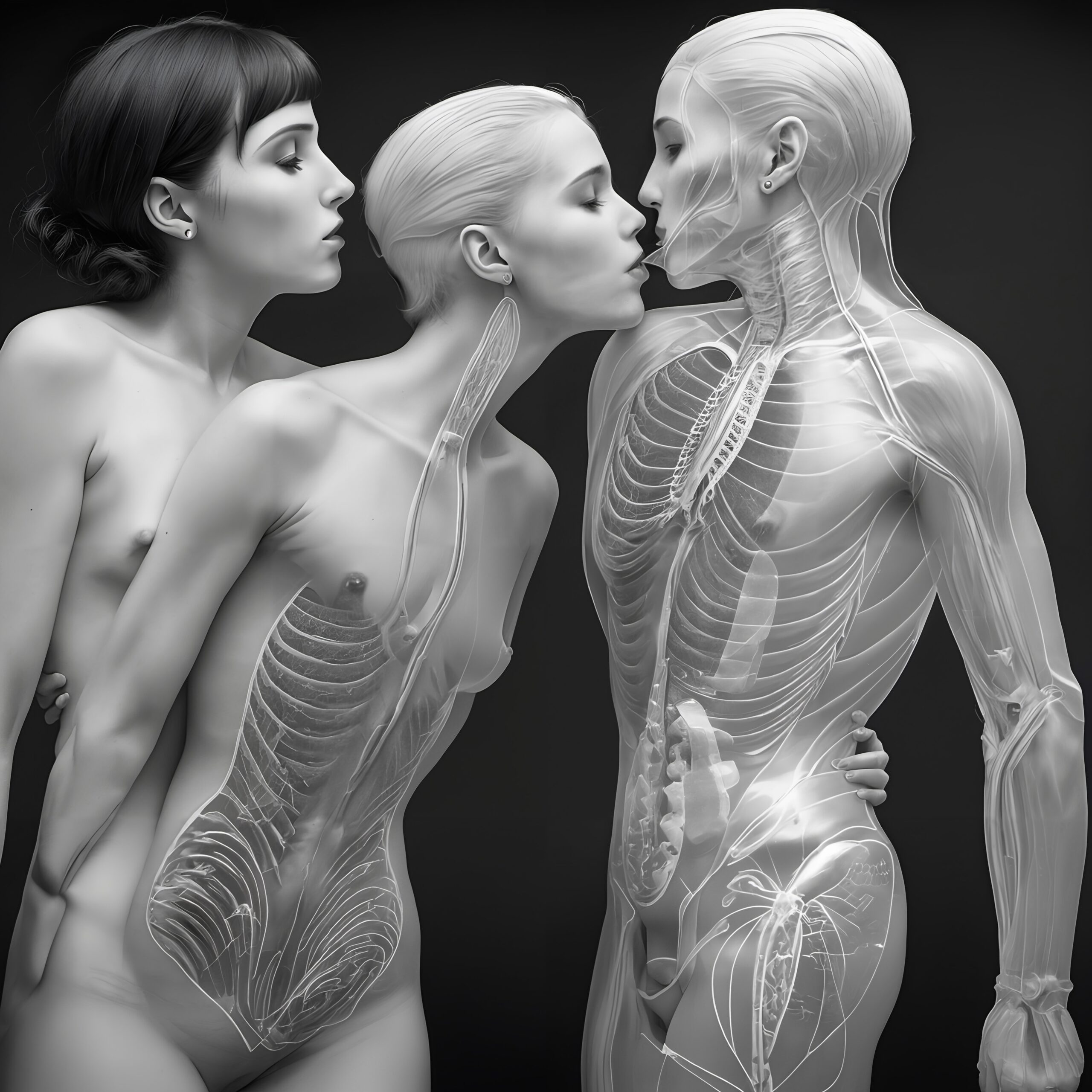 Three figures embrace, revealing detailed internal anatomy in a monochromatic surreal style.