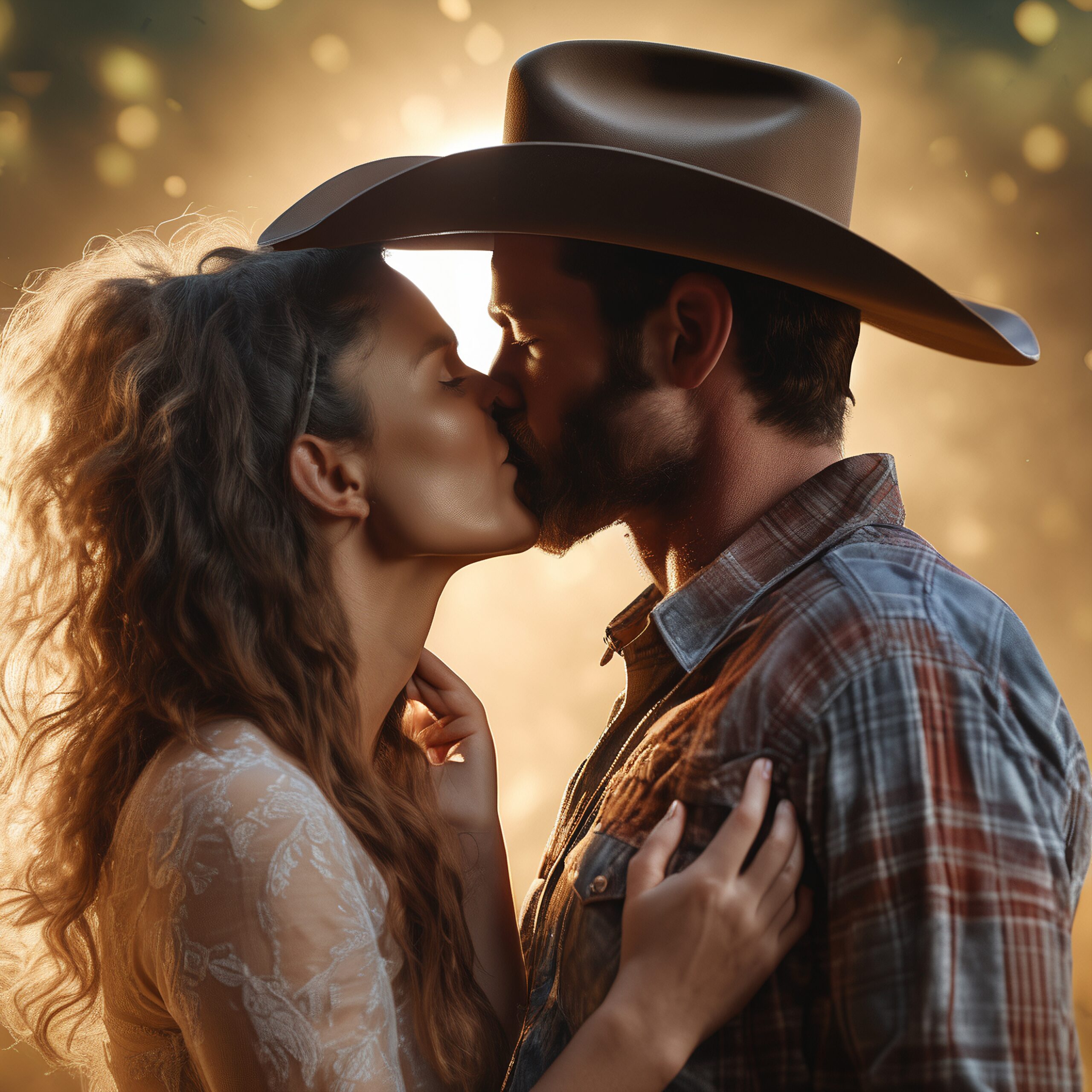 A couple sharing a romantic kiss at sunset with a golden glow and rustic charm.