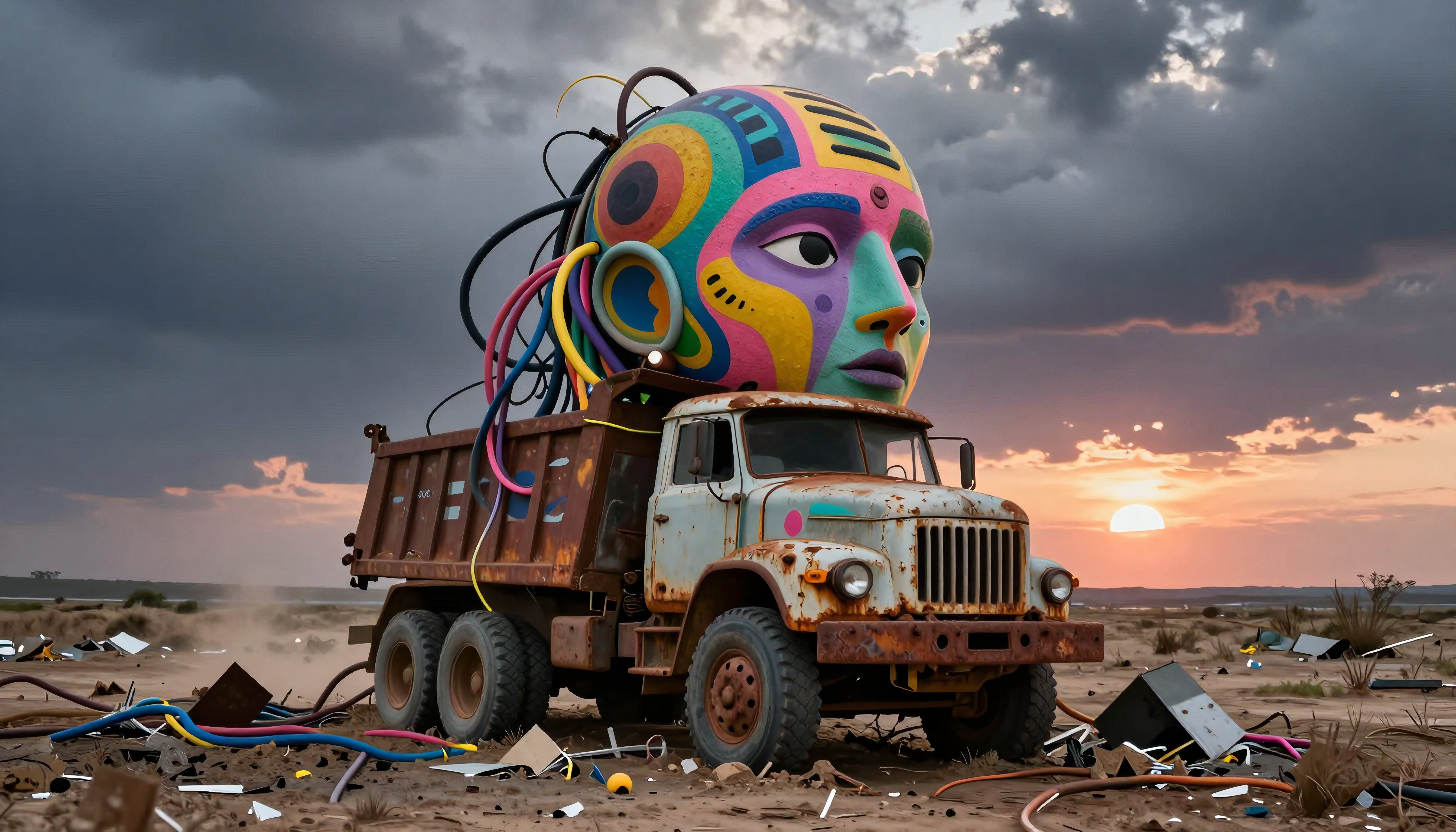 Surreal psychedelic head mounted on rusty dump truck in wasteland during dramatic sunset