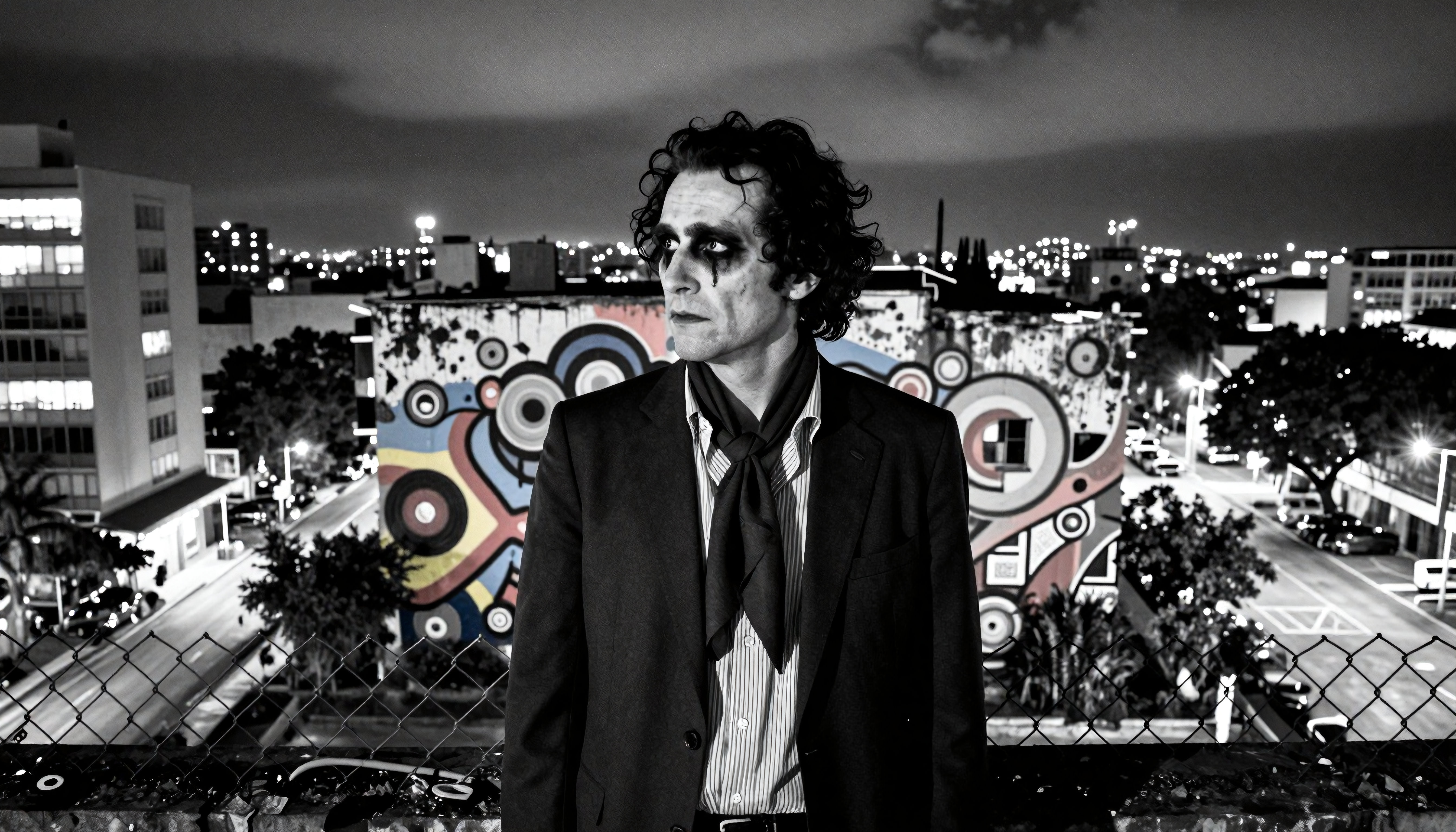 Actor dressed as Joker standing alone atop rooftop against nighttime city backdrop with colorful mural behind