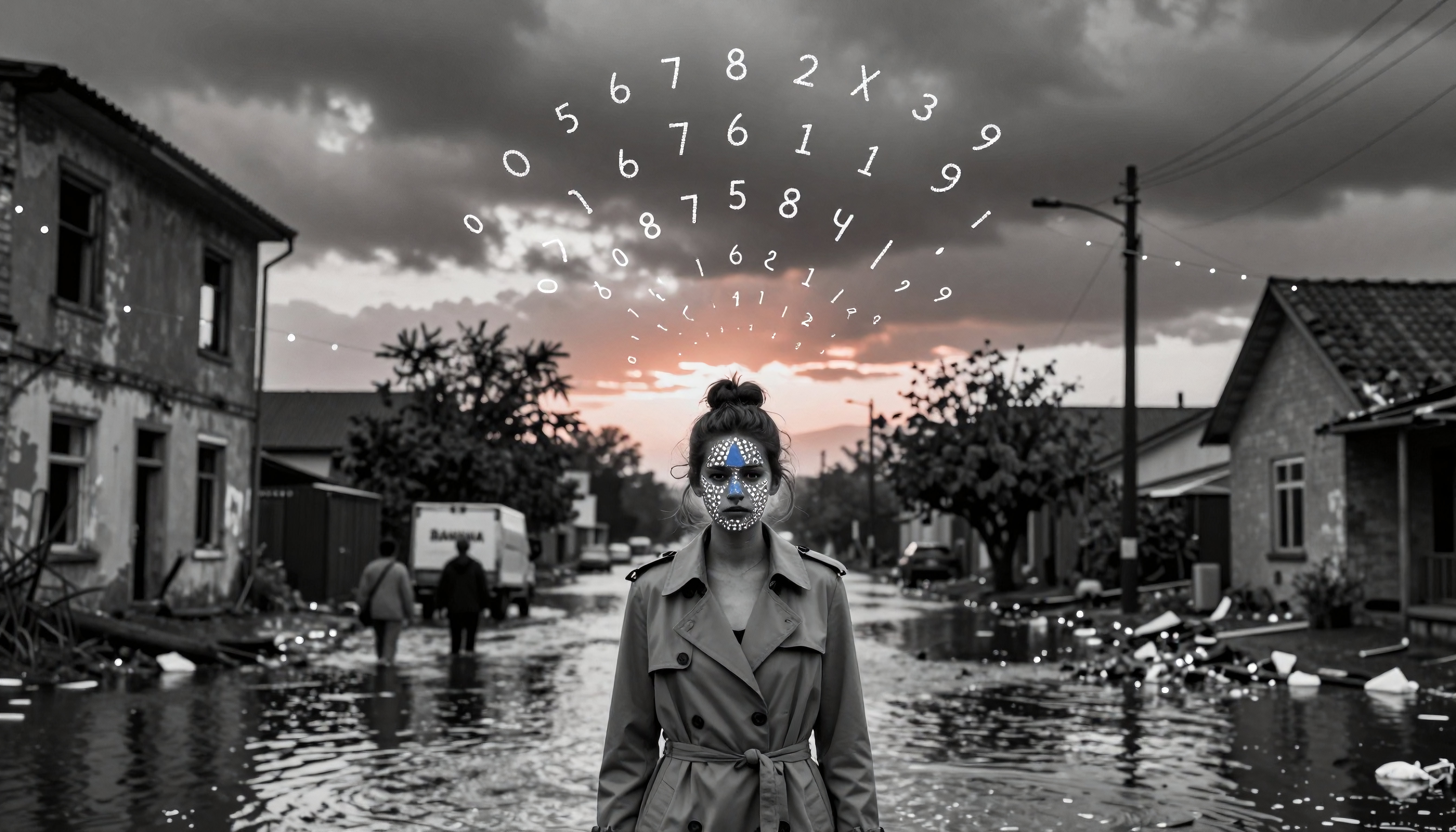 A woman with painted face stands in a flooded street, surrounded by spiraling numbers against a dramatic sunset sky.