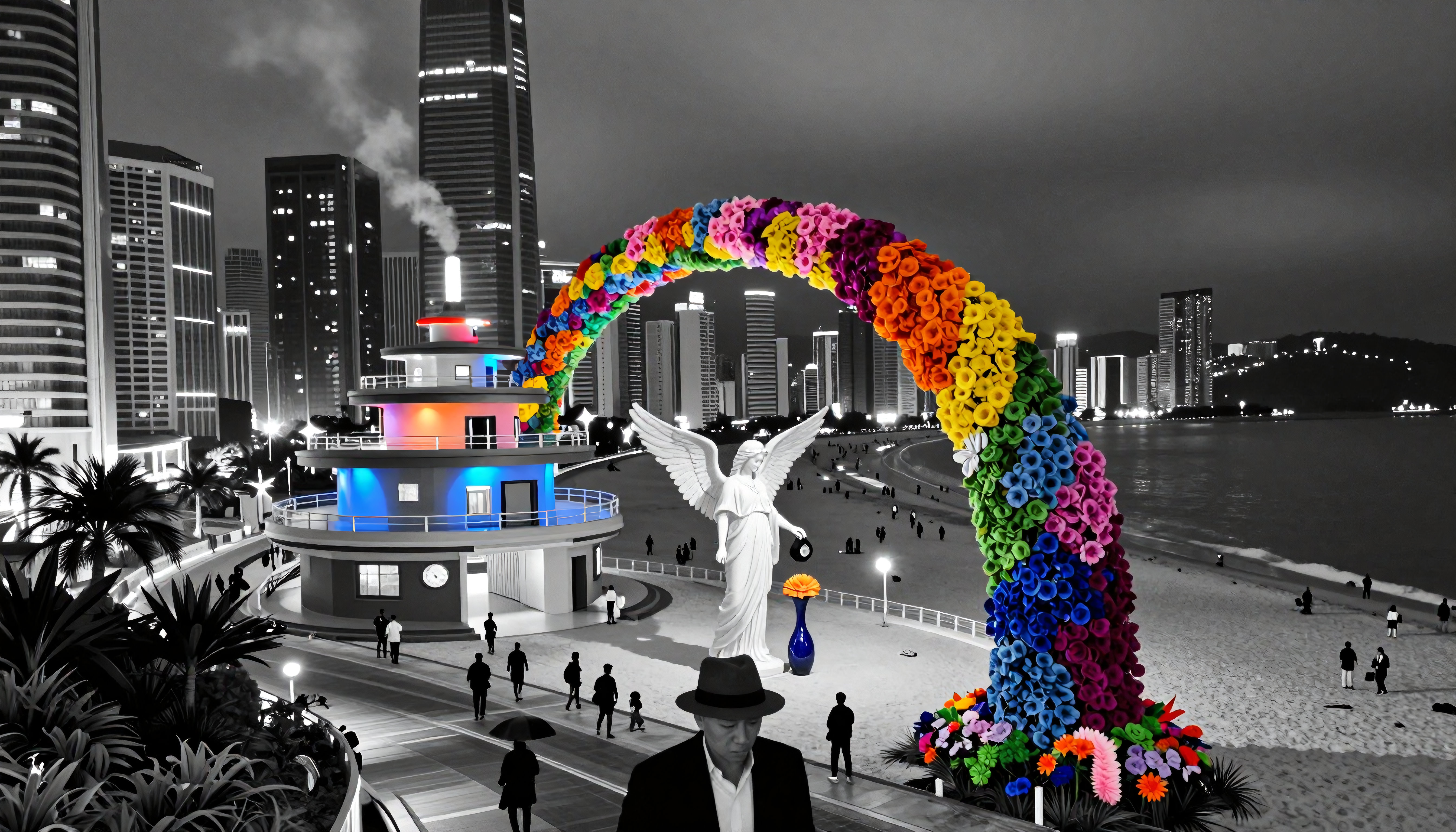 Nighttime Coastal City Scene with Vibrant Rainbow Flower Arch an