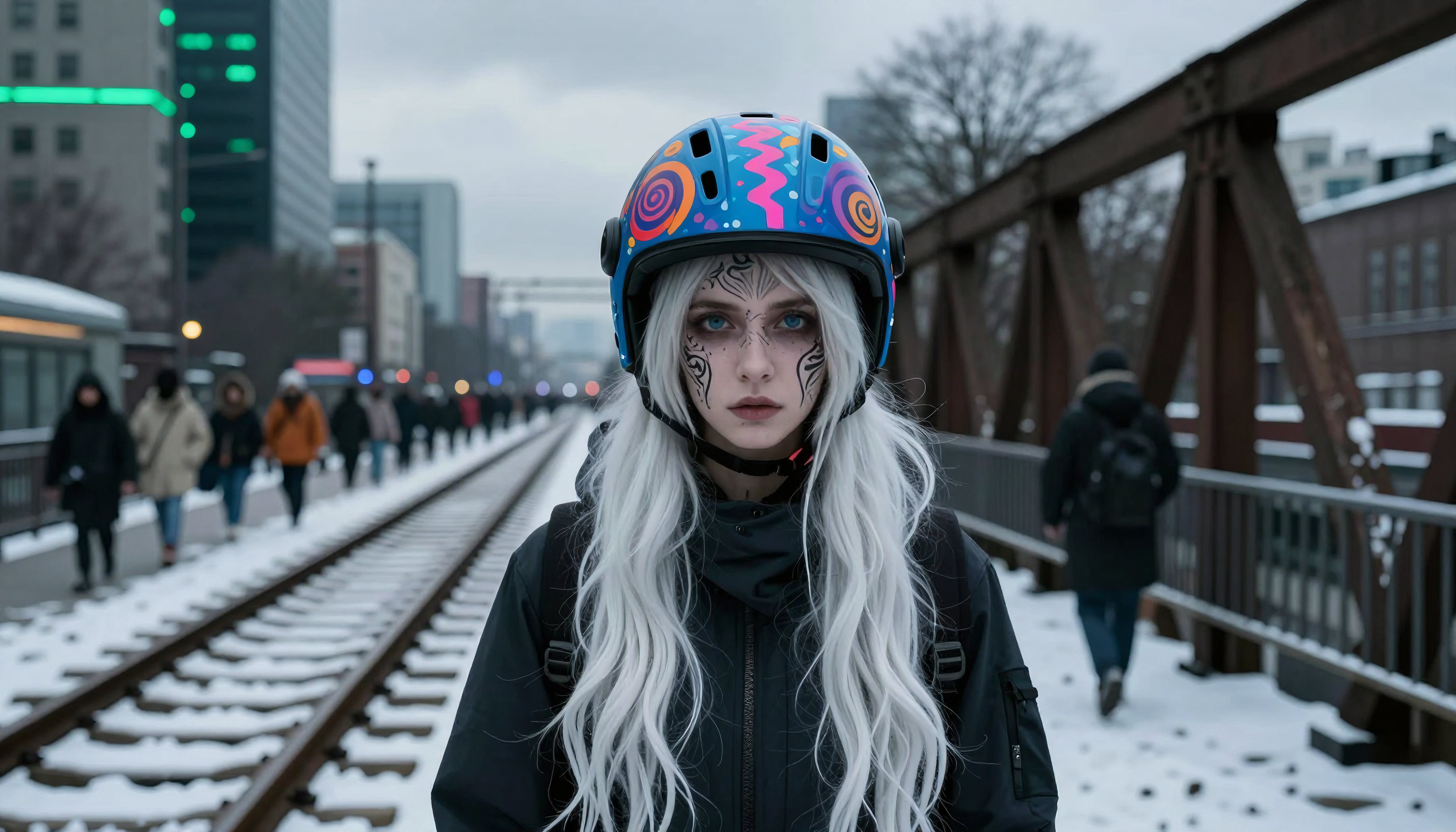 Girl wearing colorful helmet stands alone on snowy train tracks in bustling winter cityscape