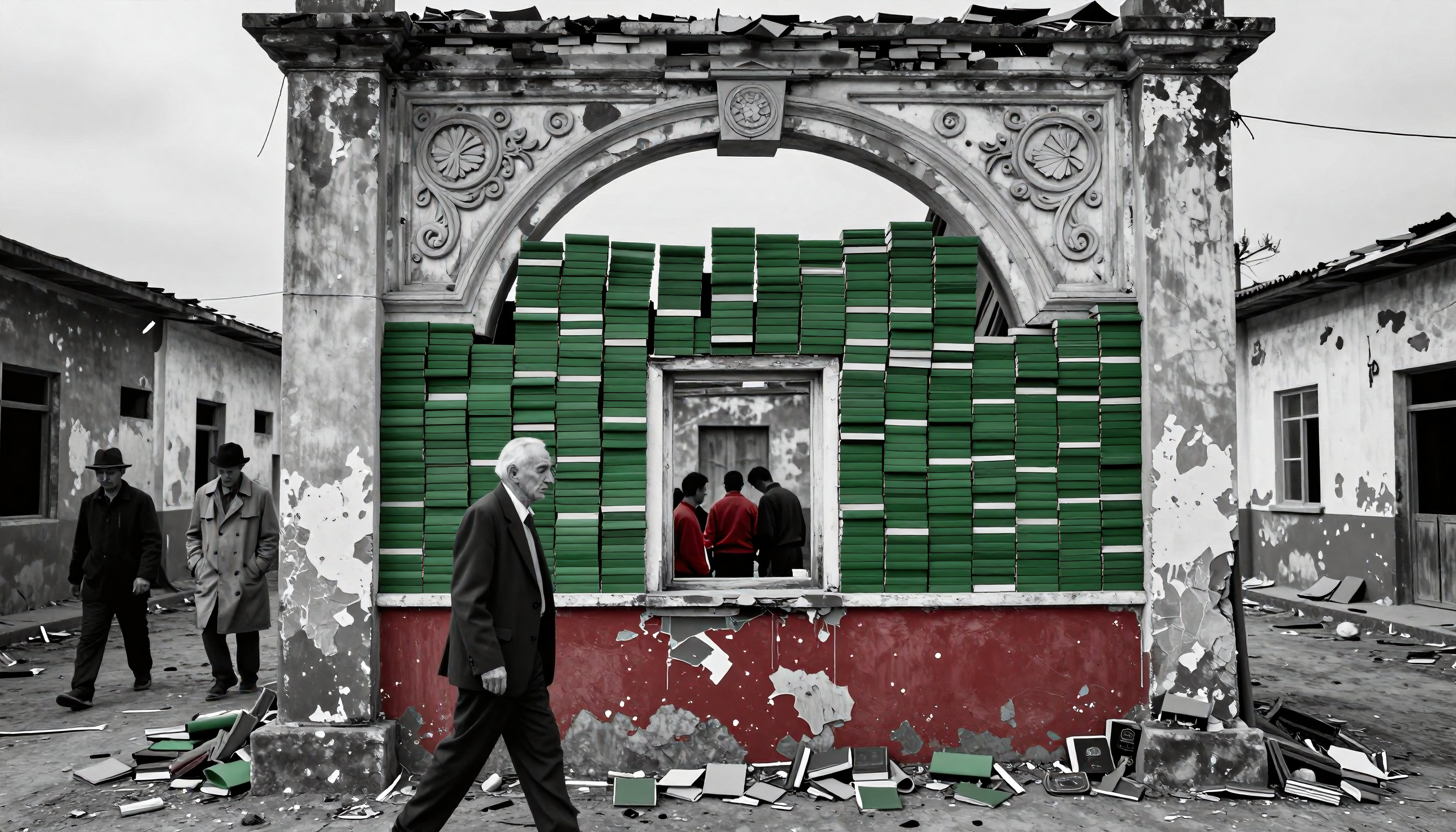 Dilapidated Building with Green Boxes and Pedestrians in Urban D