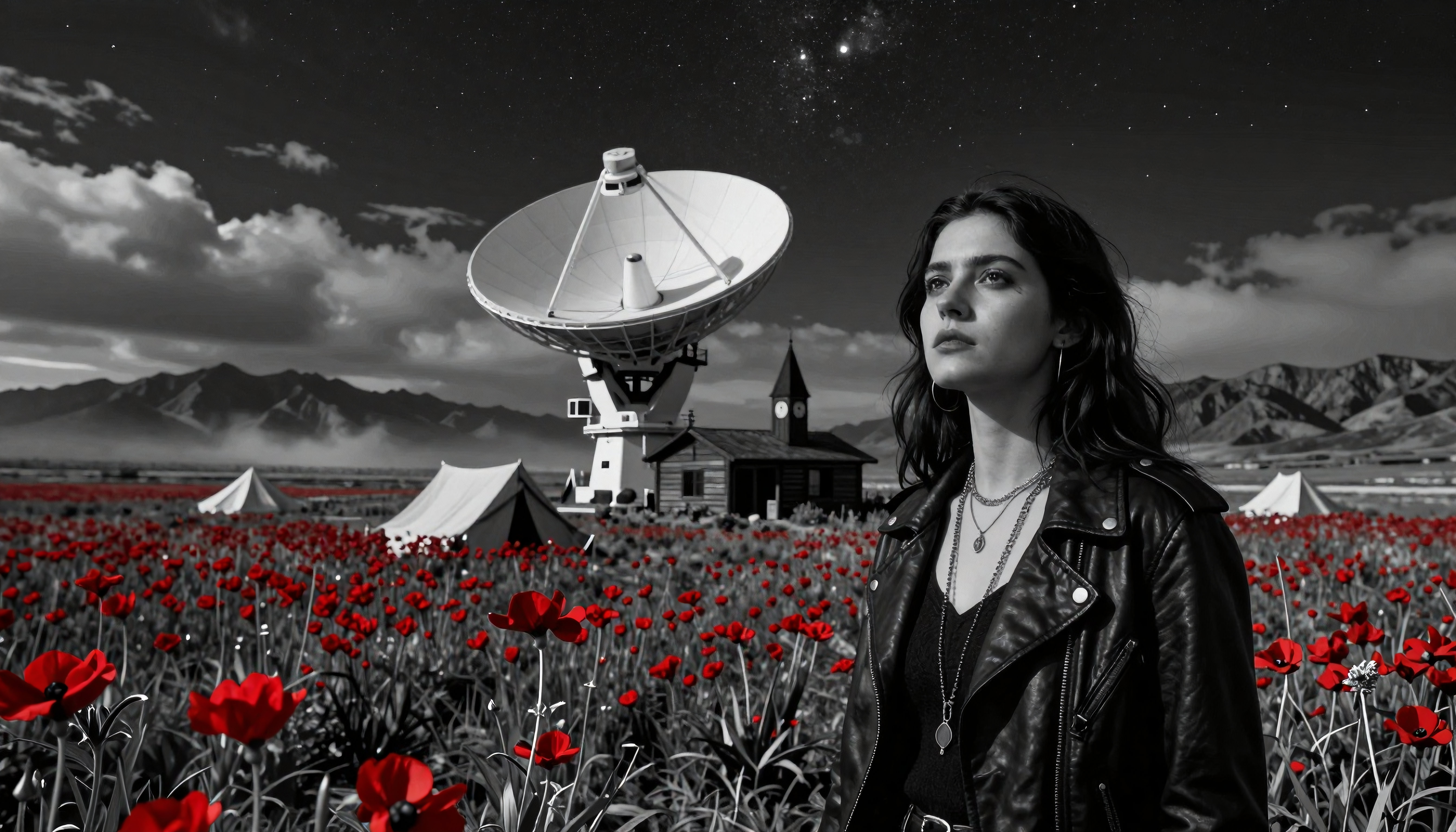 Woman standing in red poppy field under starry sky near satellite dish and church