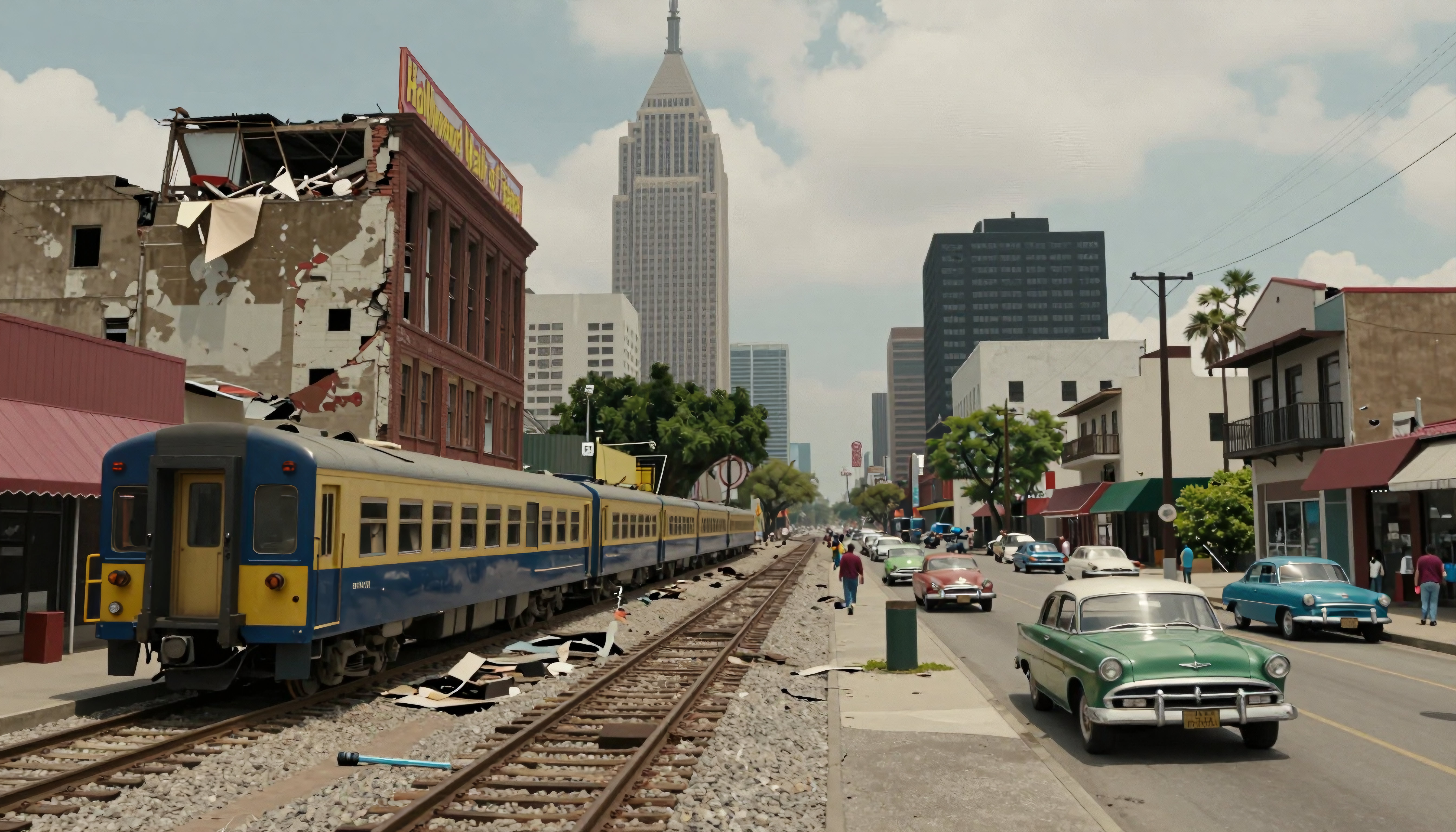 Urban Street with Vintage Cars, Train, and Hollywood Landmark in