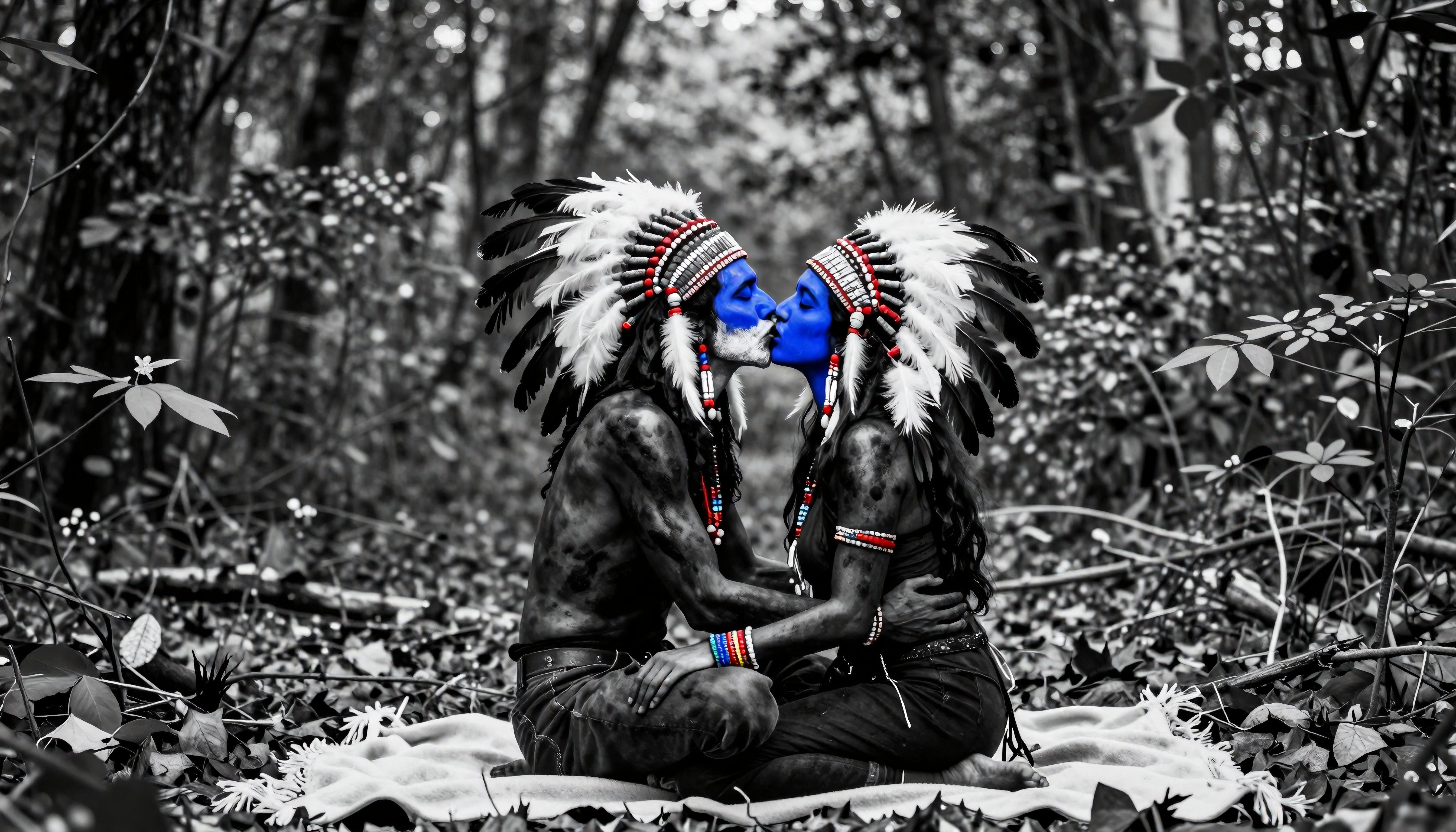 A couple in traditional attire shares a kiss in a vibrant, artistic forest setting.