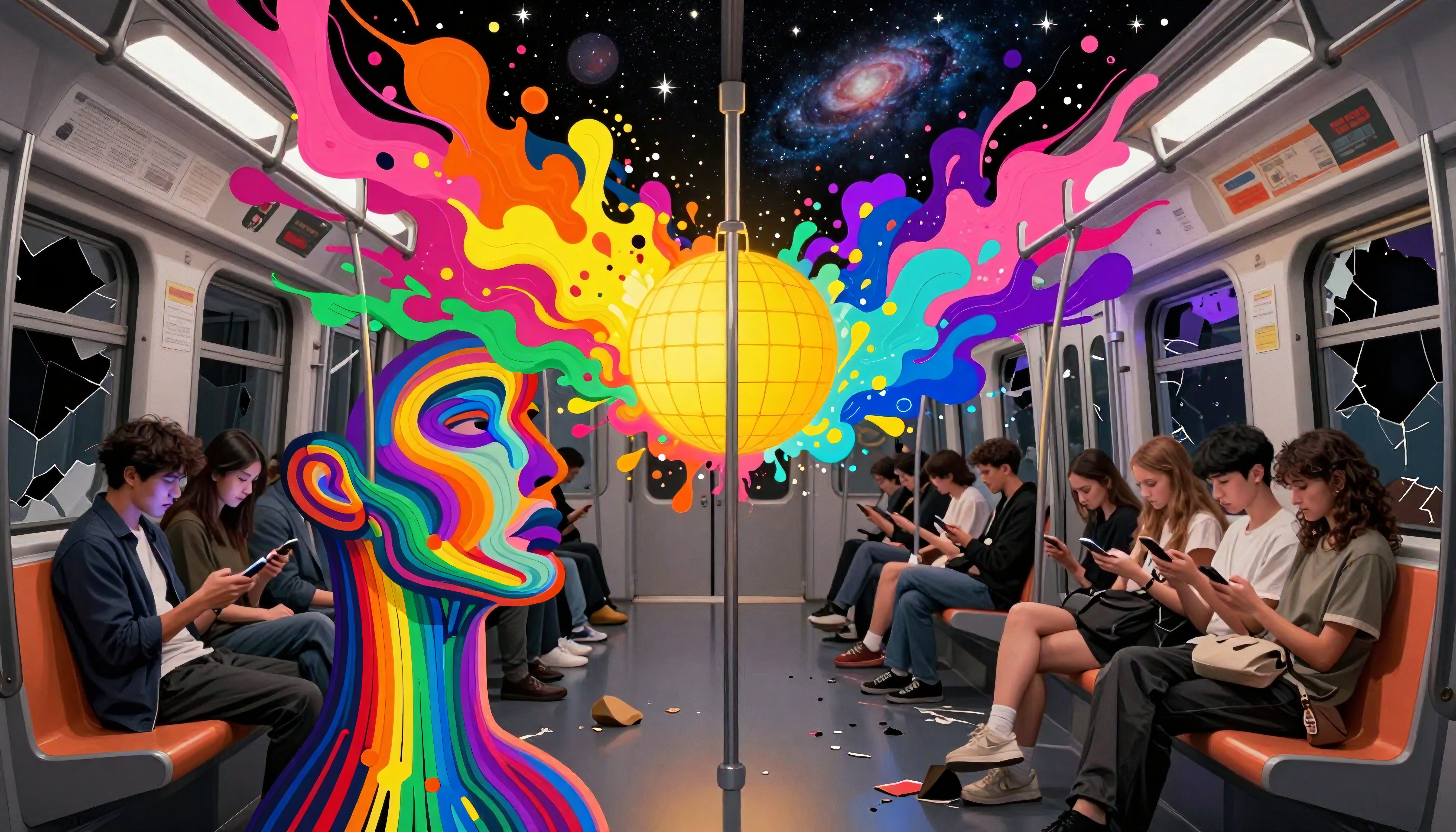 A vibrant multicolored face and cosmic explosion transform a subway scene, highlighting digital detachment.