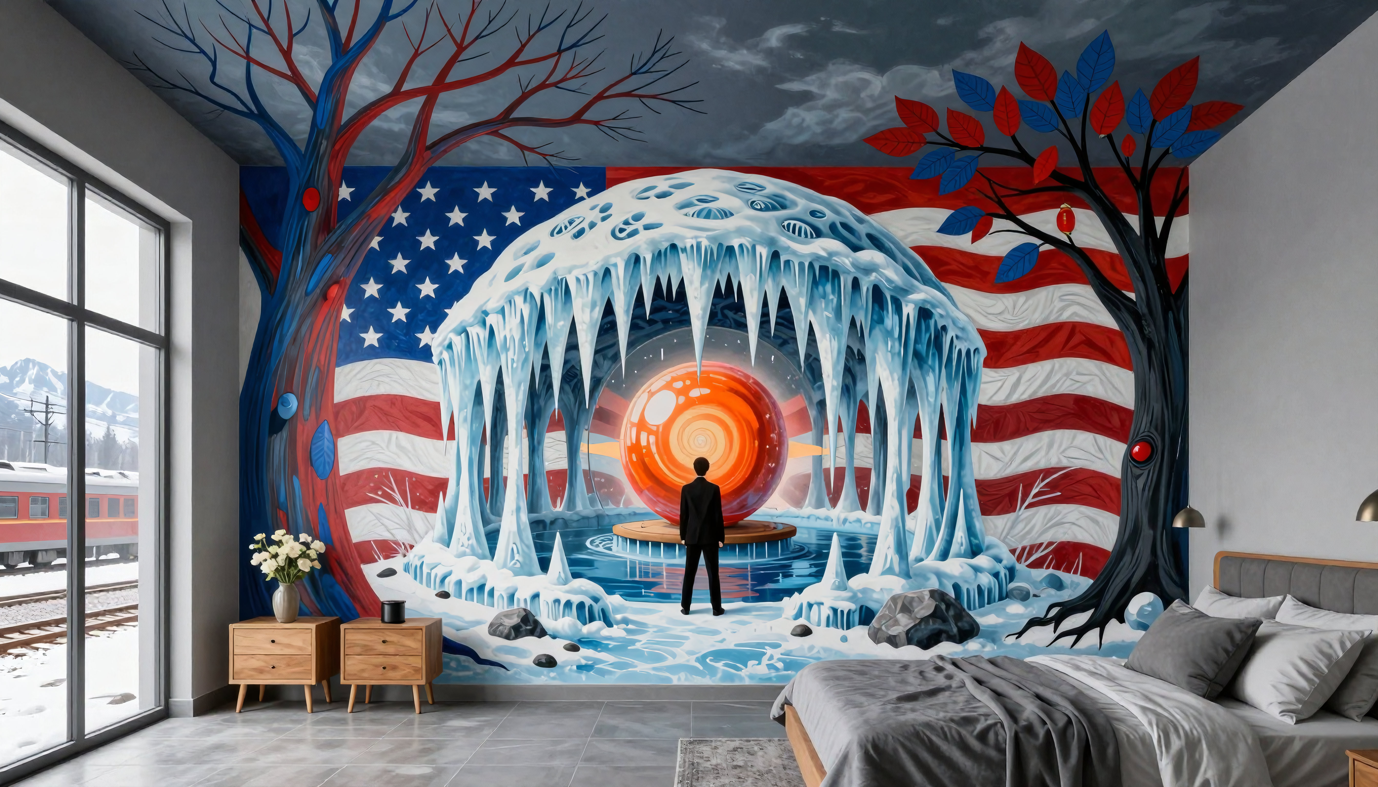 Room with Dramatic Americana Mural and Bed Styling for Interior