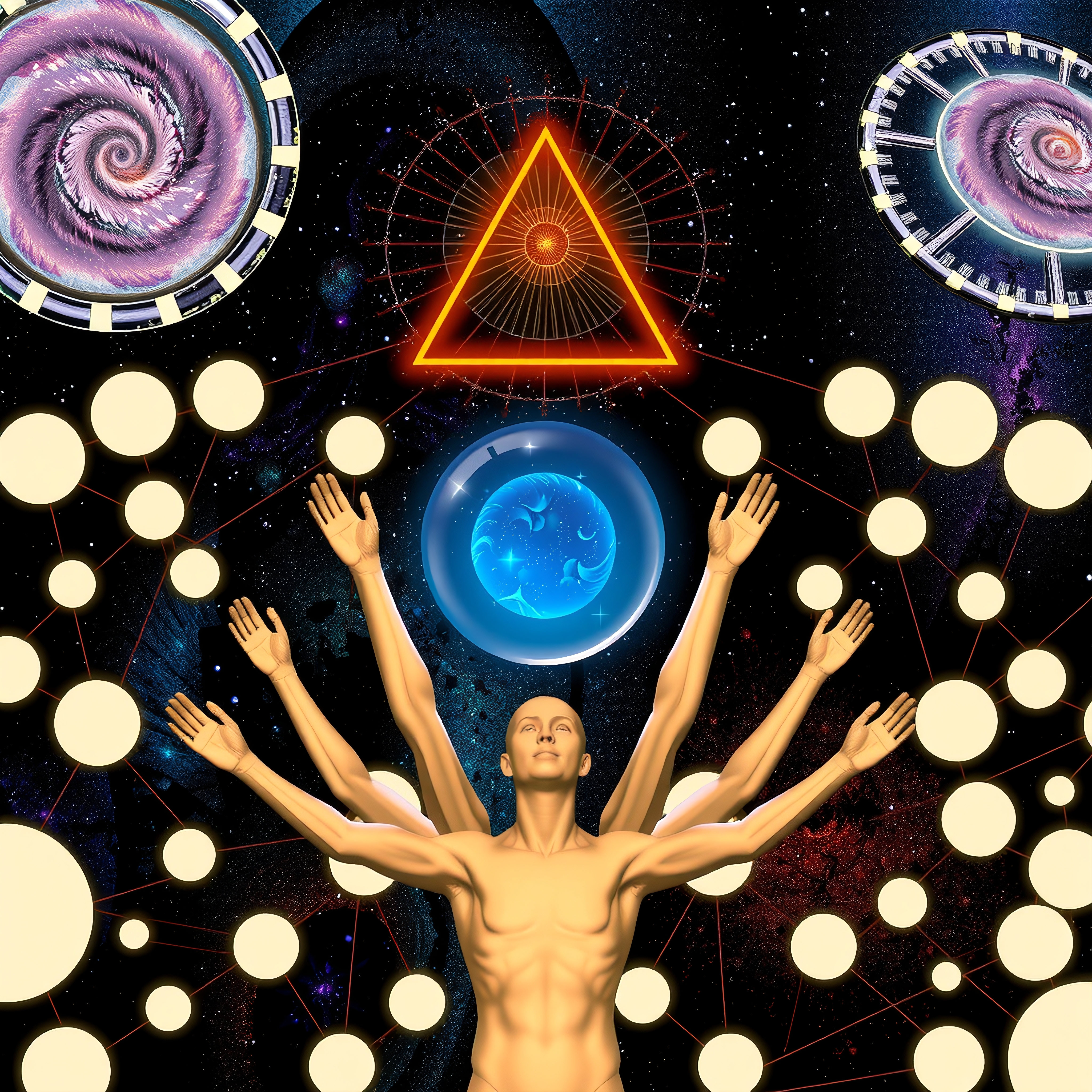 Surreal cosmic artwork featuring a multi-armed figure in space.