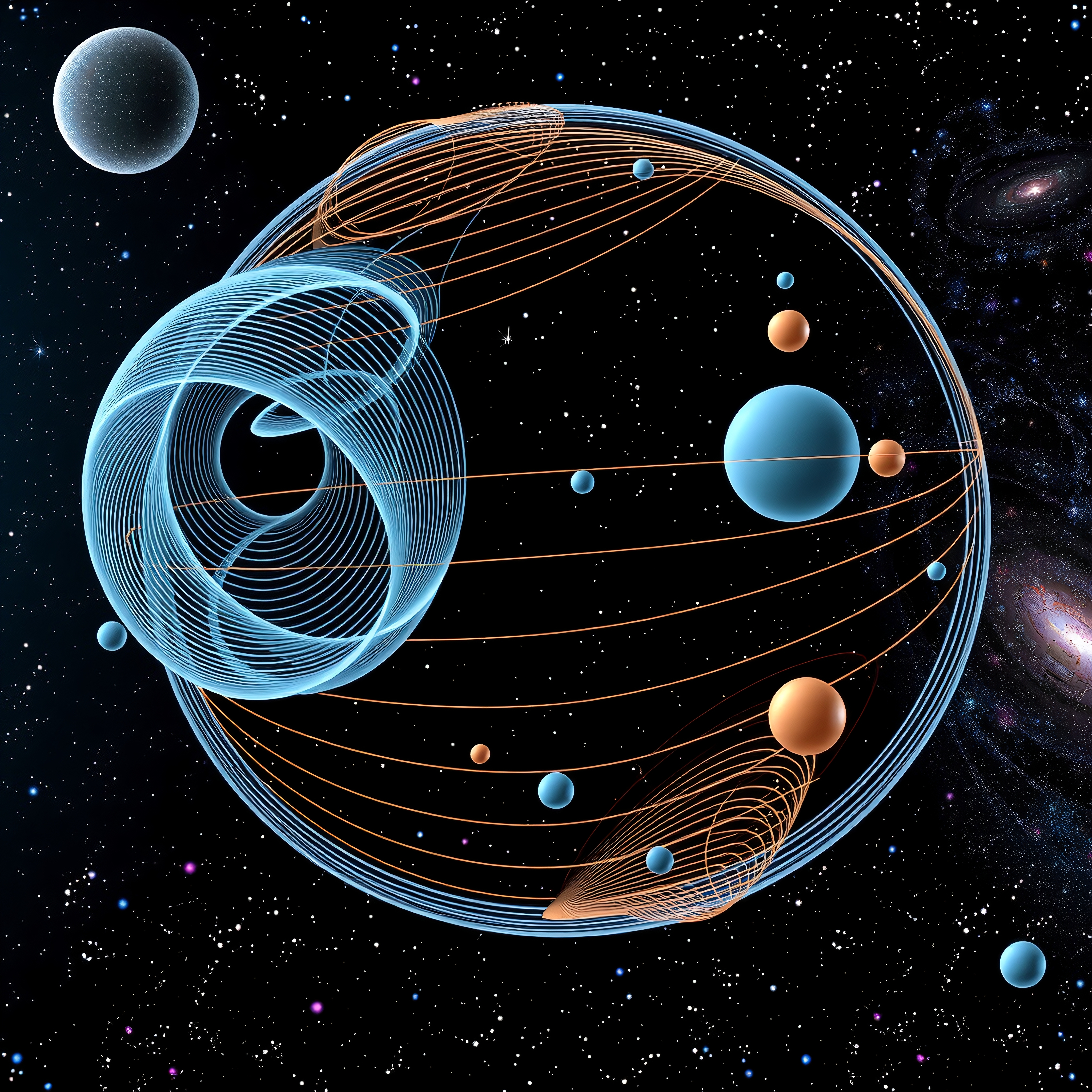 An abstract cosmic scene with colorful planets, orbits, and stars.