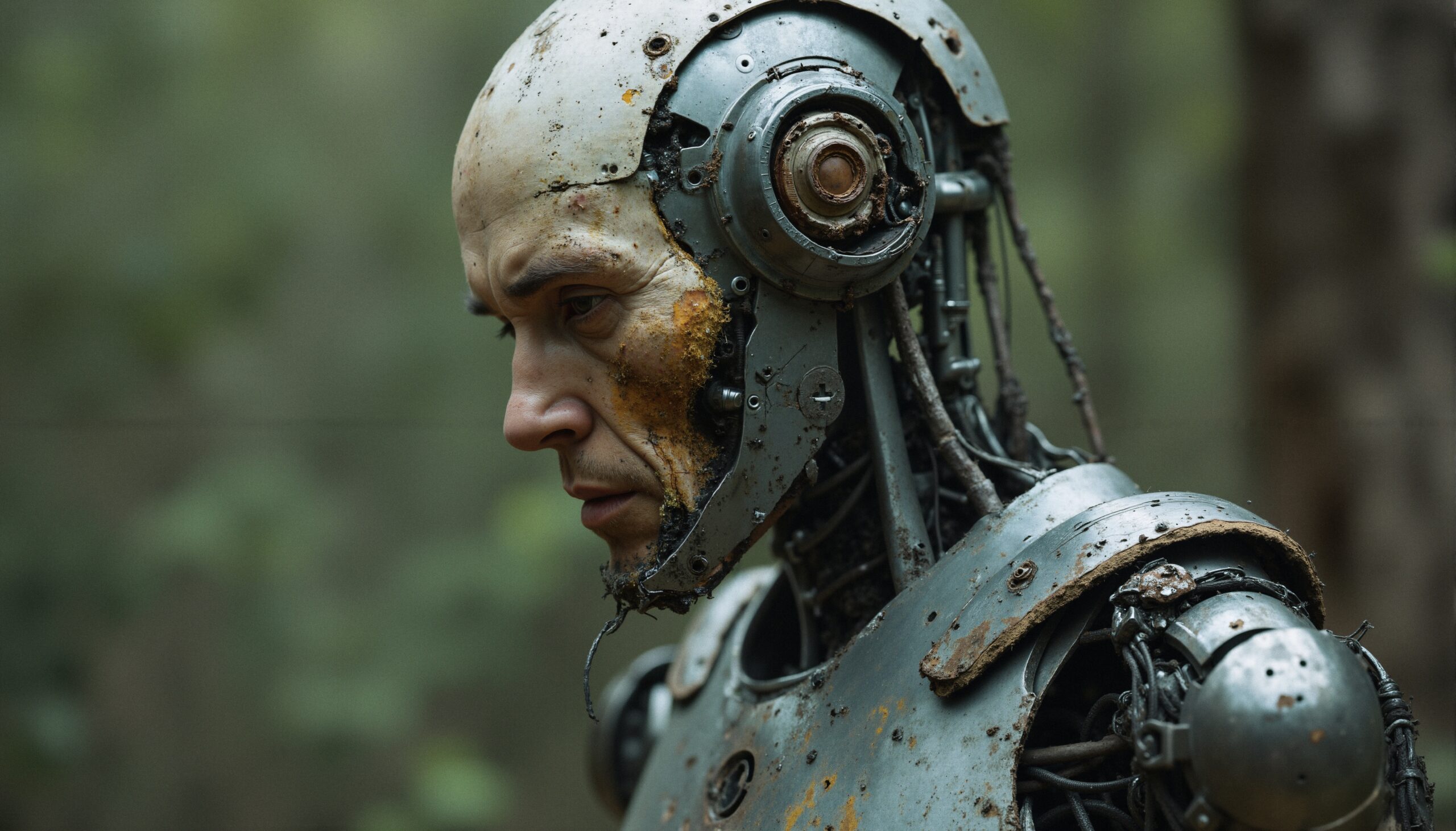 Rusty humanoid robot stands contemplative in nature.