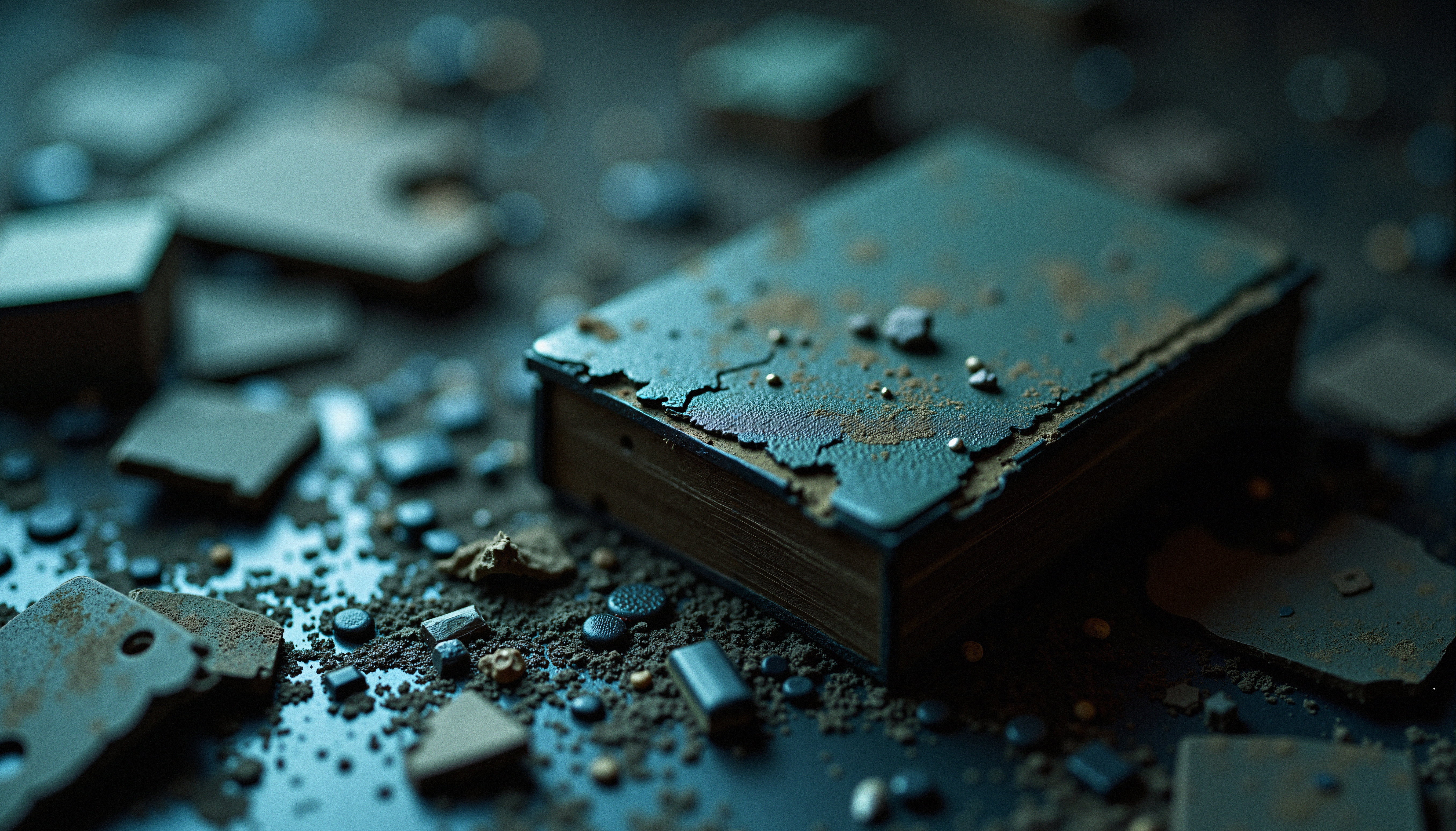 Ancient dusty book surrounded by scattered artifacts and rubble in eerie gloomy lighting suggesting lost secrets hidden under layers of neglect