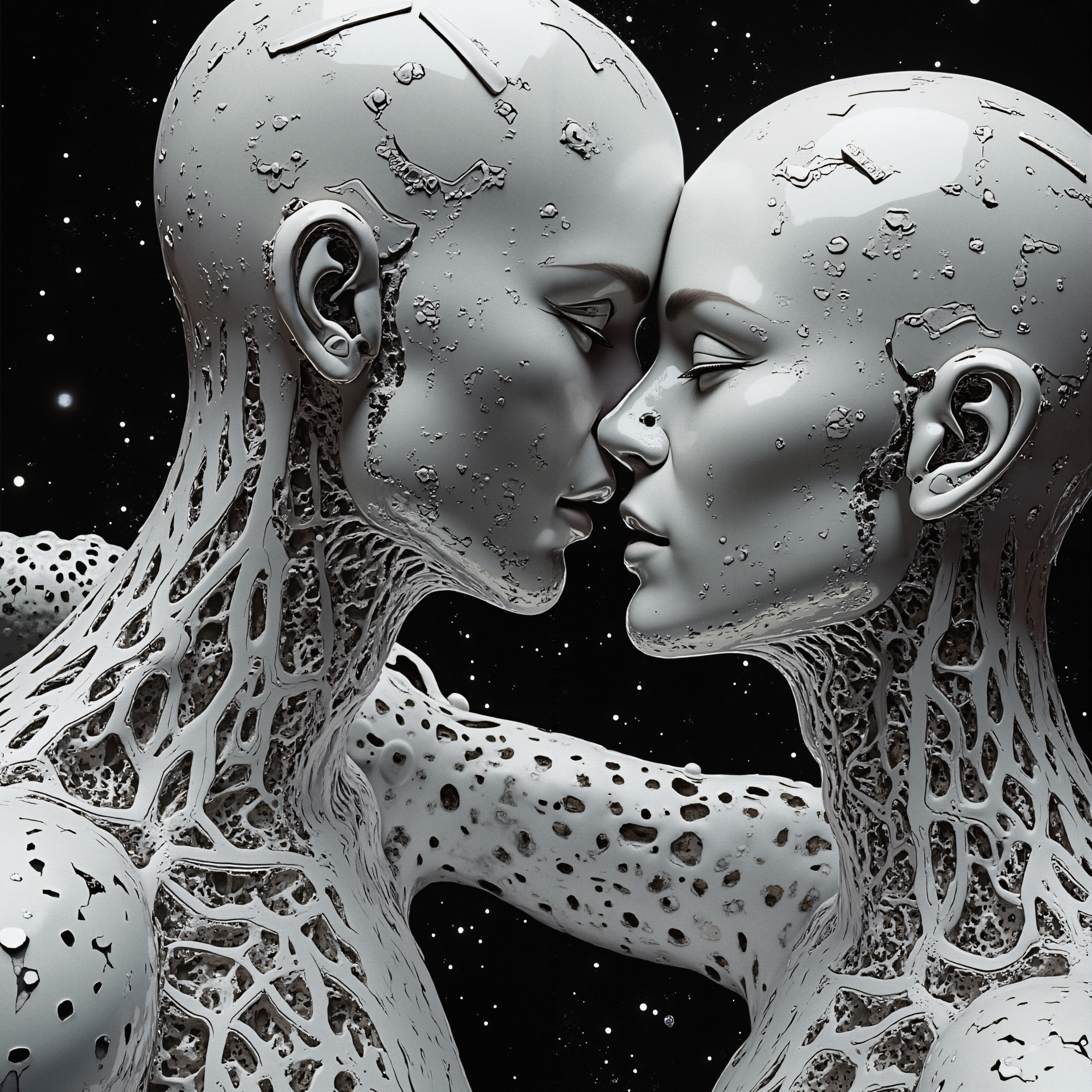 Futuristic humanoid figures in space with metallic features and cosmic background.