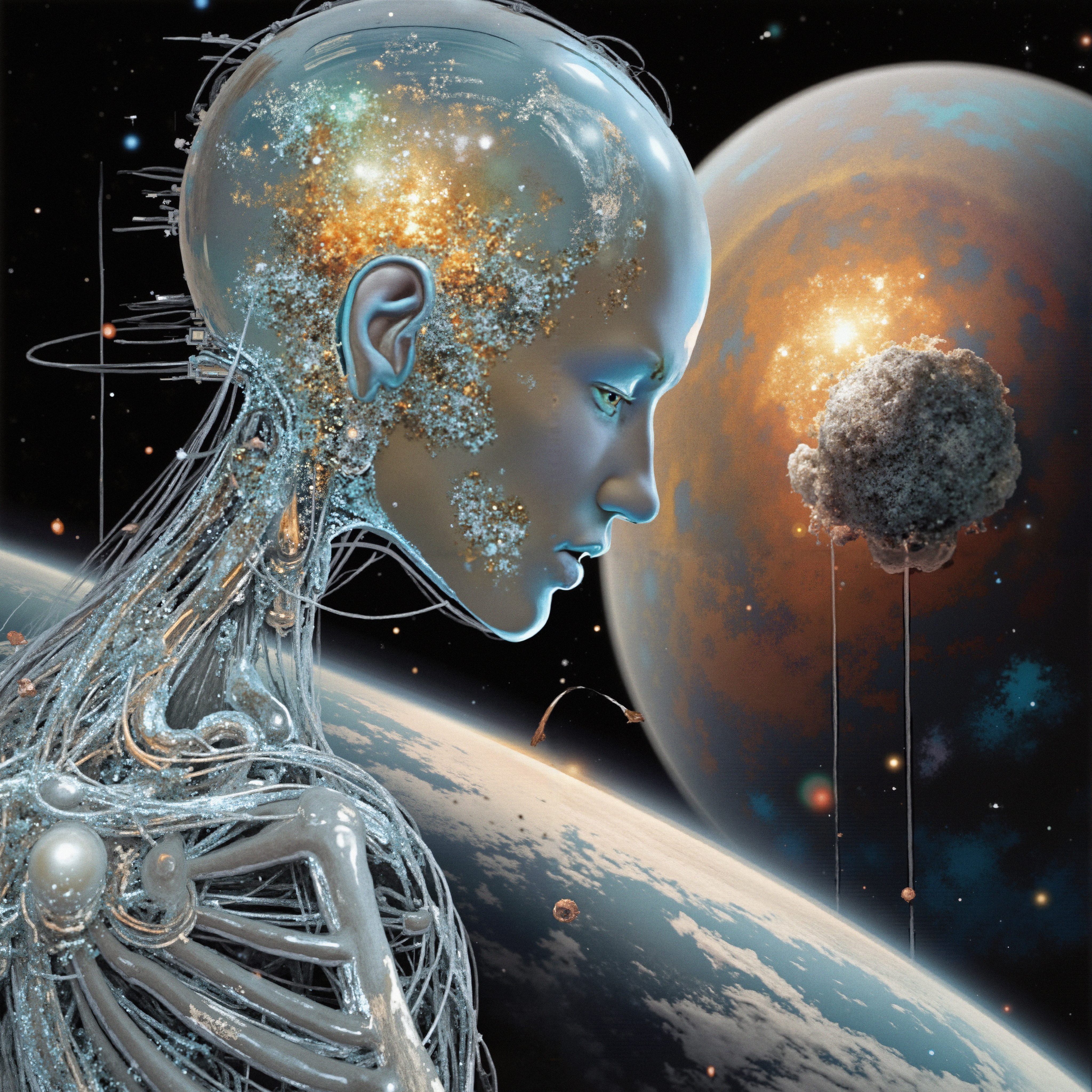Futuristic cybernetic being gazing into cosmic void among glowing planets and drifting asteroids
