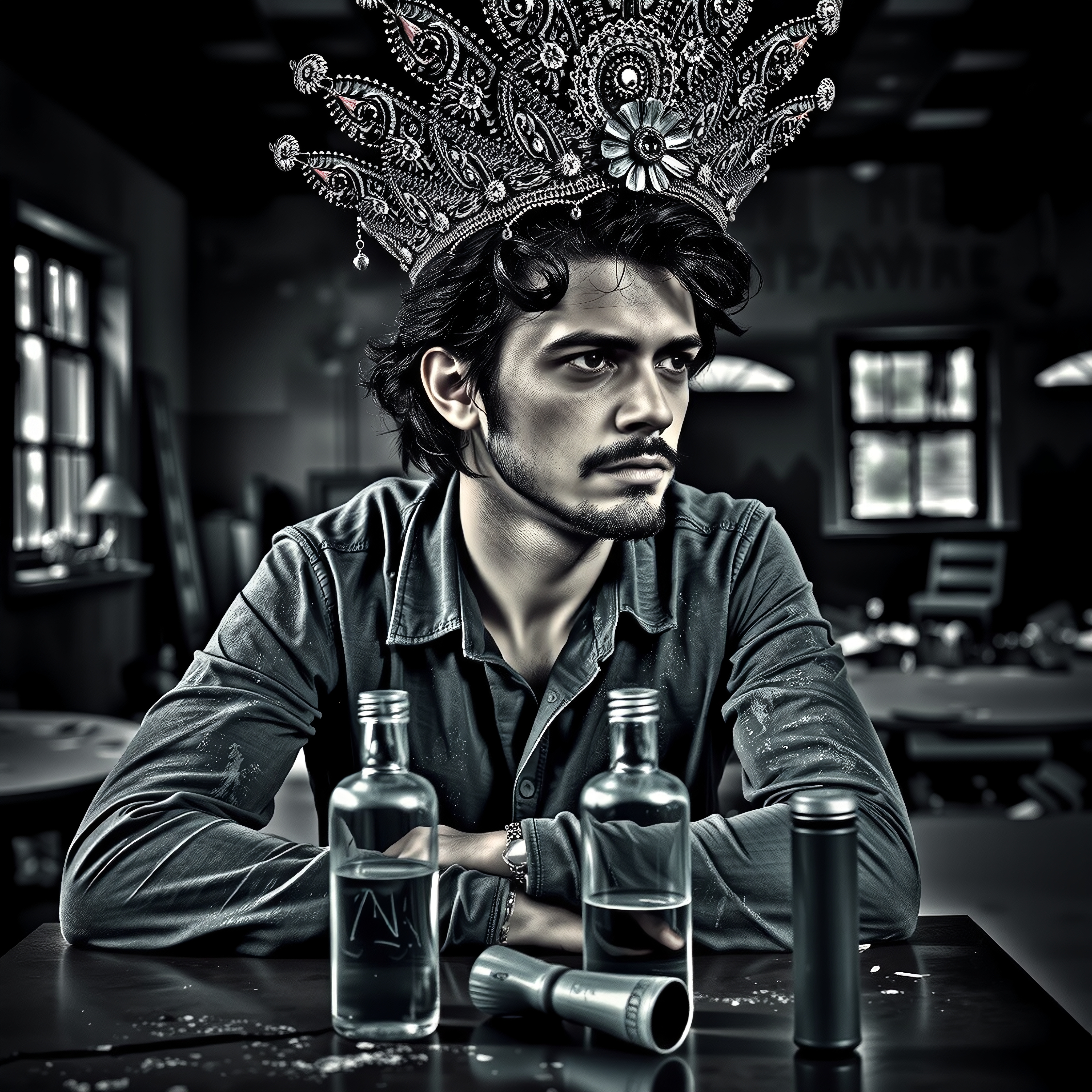 Man wearing elaborate crown seated alone at table with drinks in somber monochrome studio photo