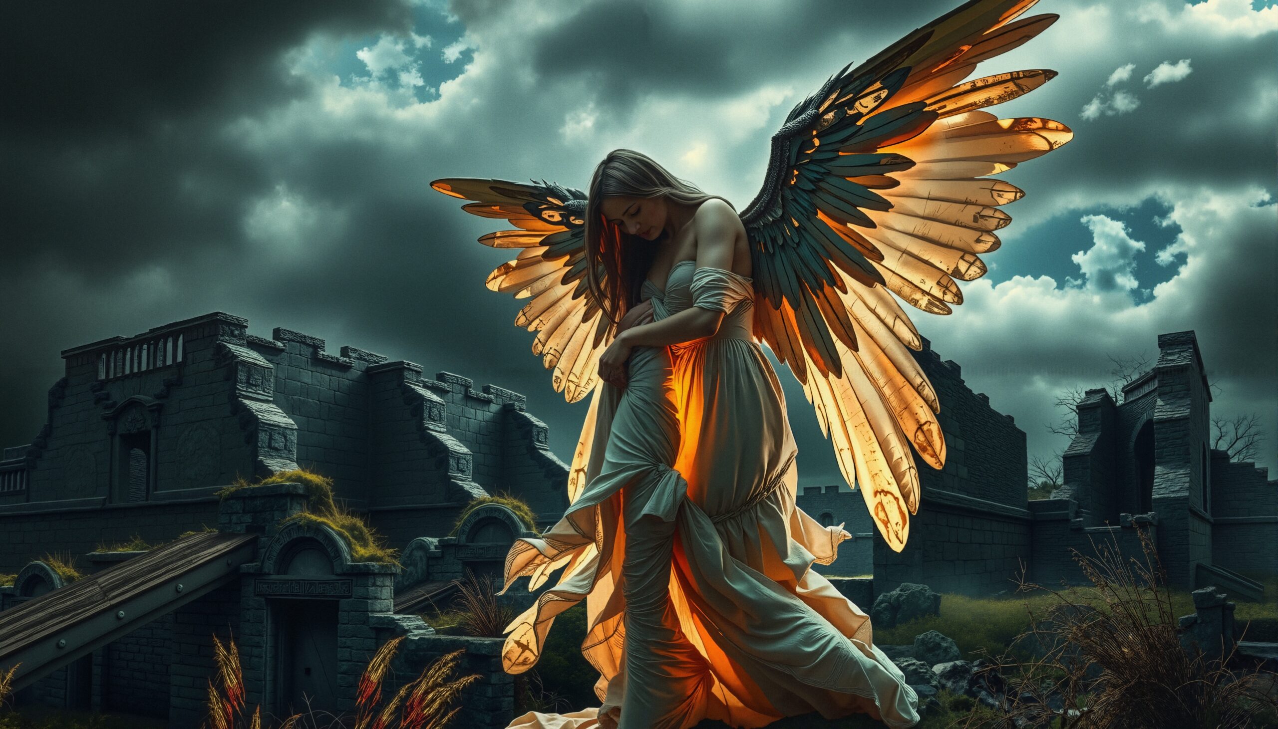 A serene angel with radiant wings stands gracefully amidst ancient ruins under a dramatic, cloudy sky.
