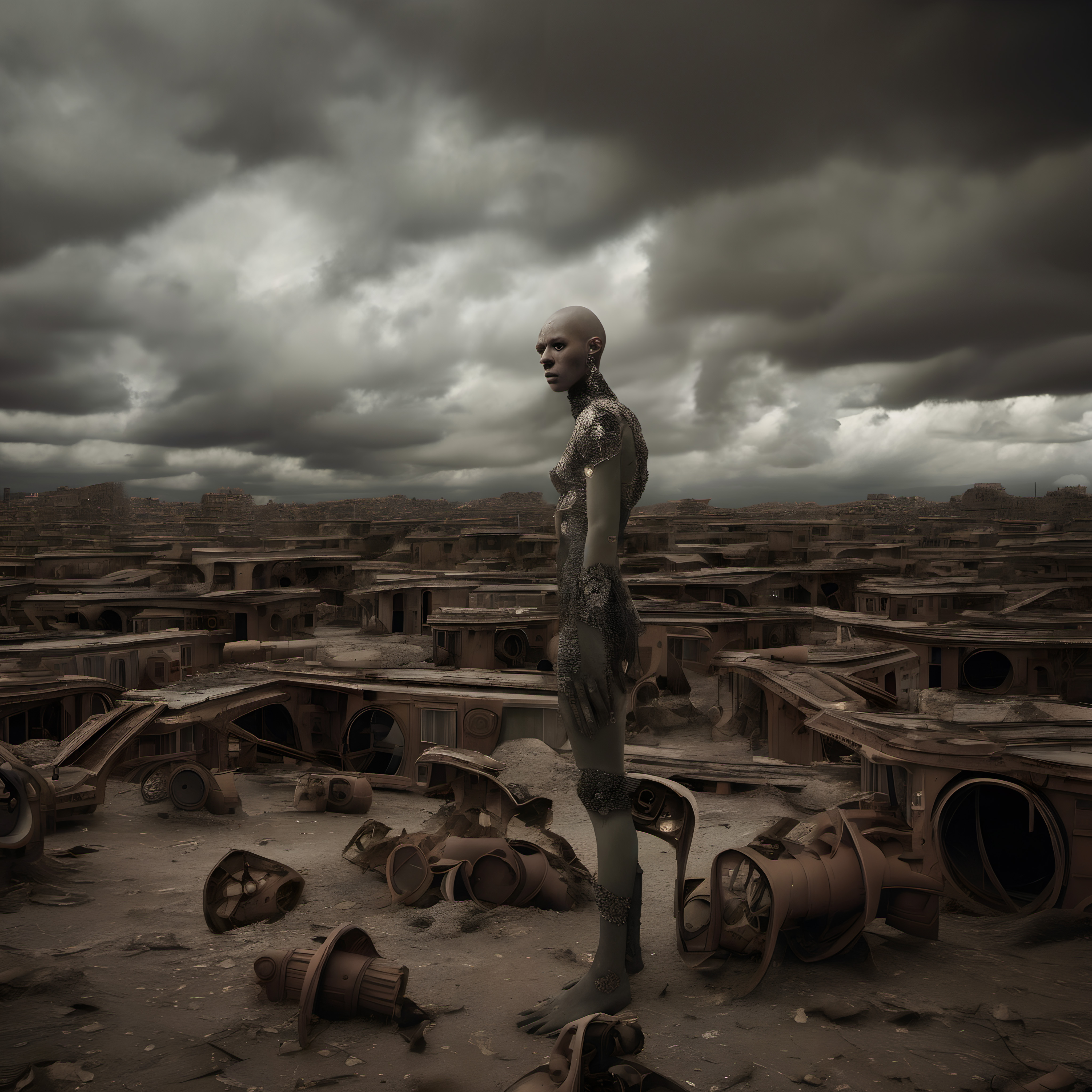 Haunting figure stands amidst the ruins of a desolate, post-apoc