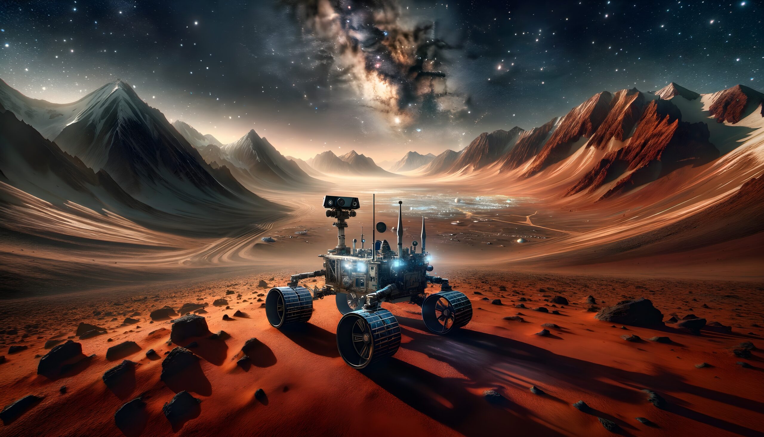 Mars Rover Exploring Distant Terrain