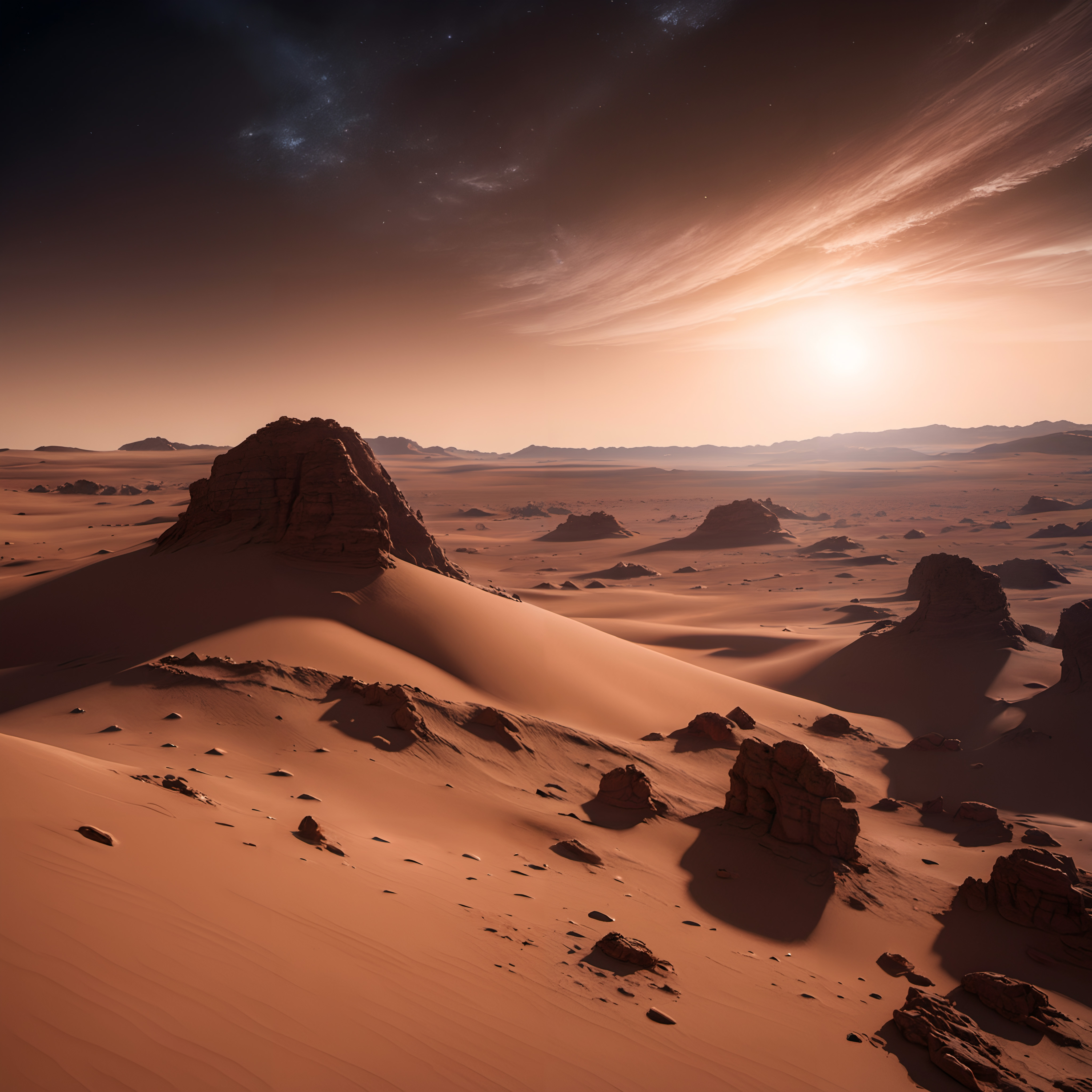 Dramatic Desert Landscape at Sunset with Starry Night Sky