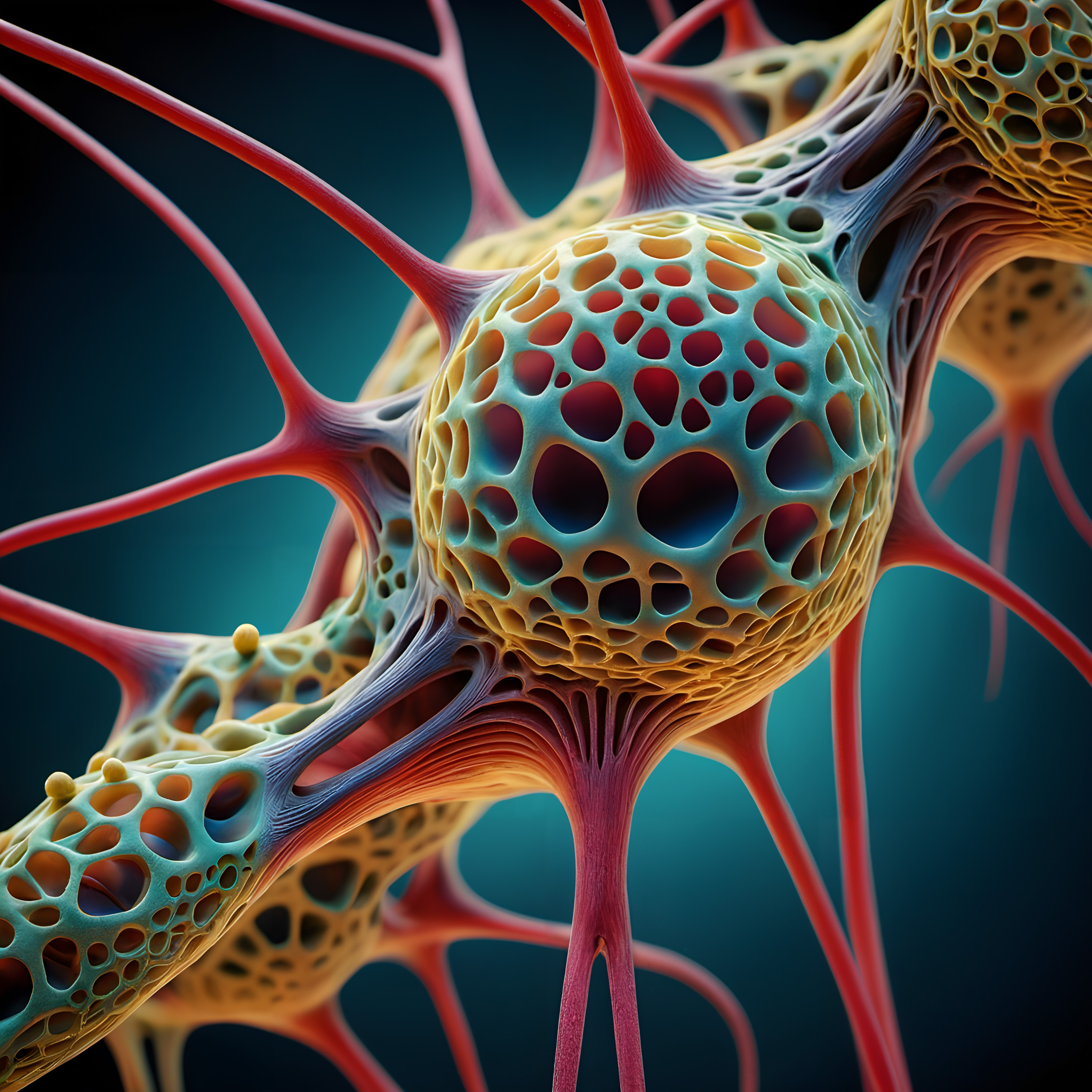 Abstract colorful neurons and cells forming interconnected network architecture