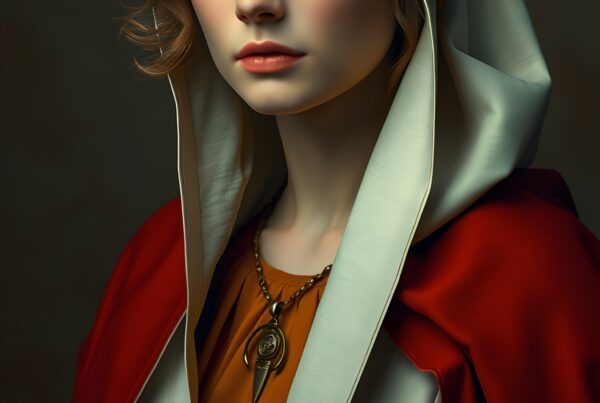 Elegant veiled woman with piercing blue eyes wearing ornate robes and golden spearhead pendant