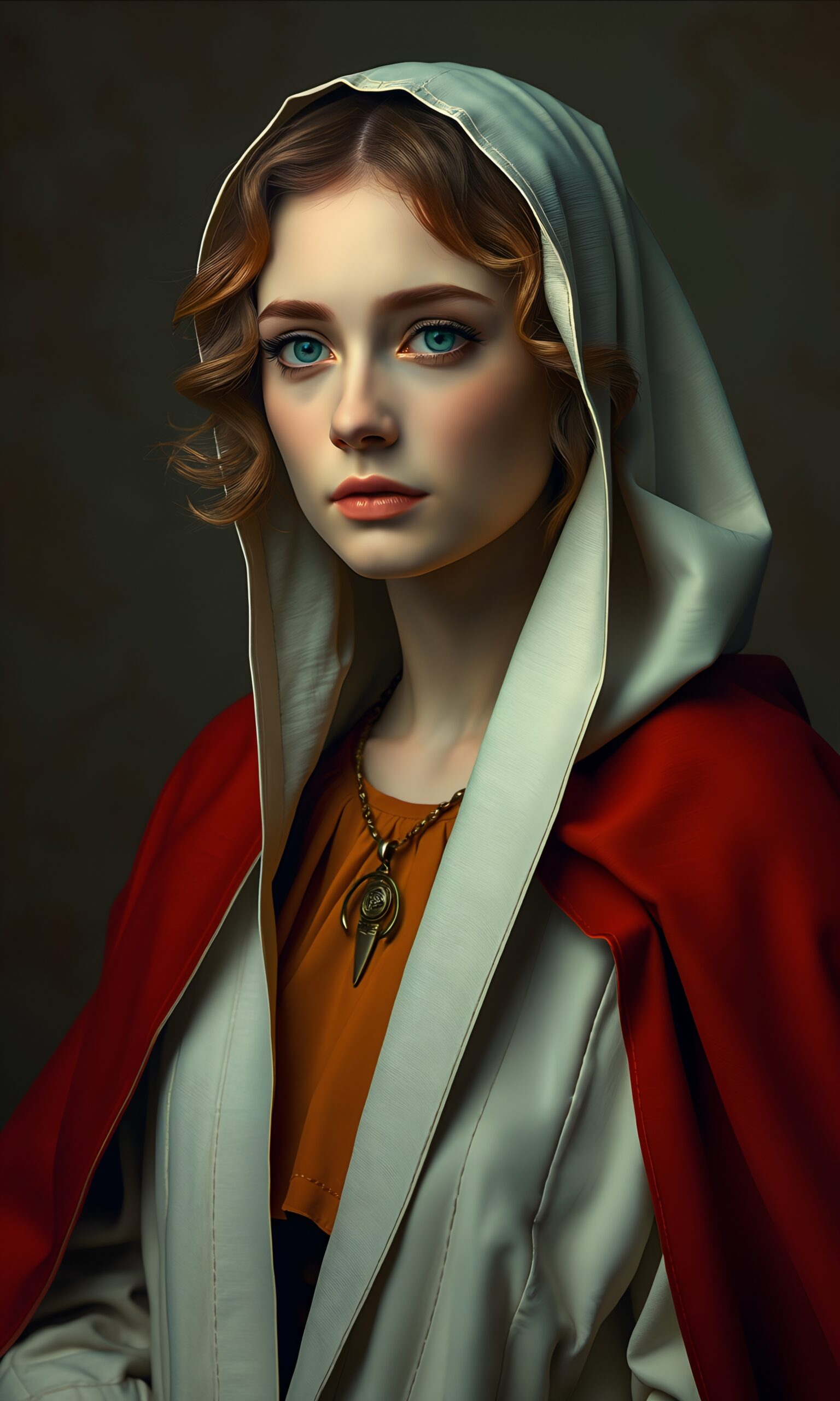 Elegant veiled woman with piercing blue eyes wearing ornate robes and golden spearhead pendant