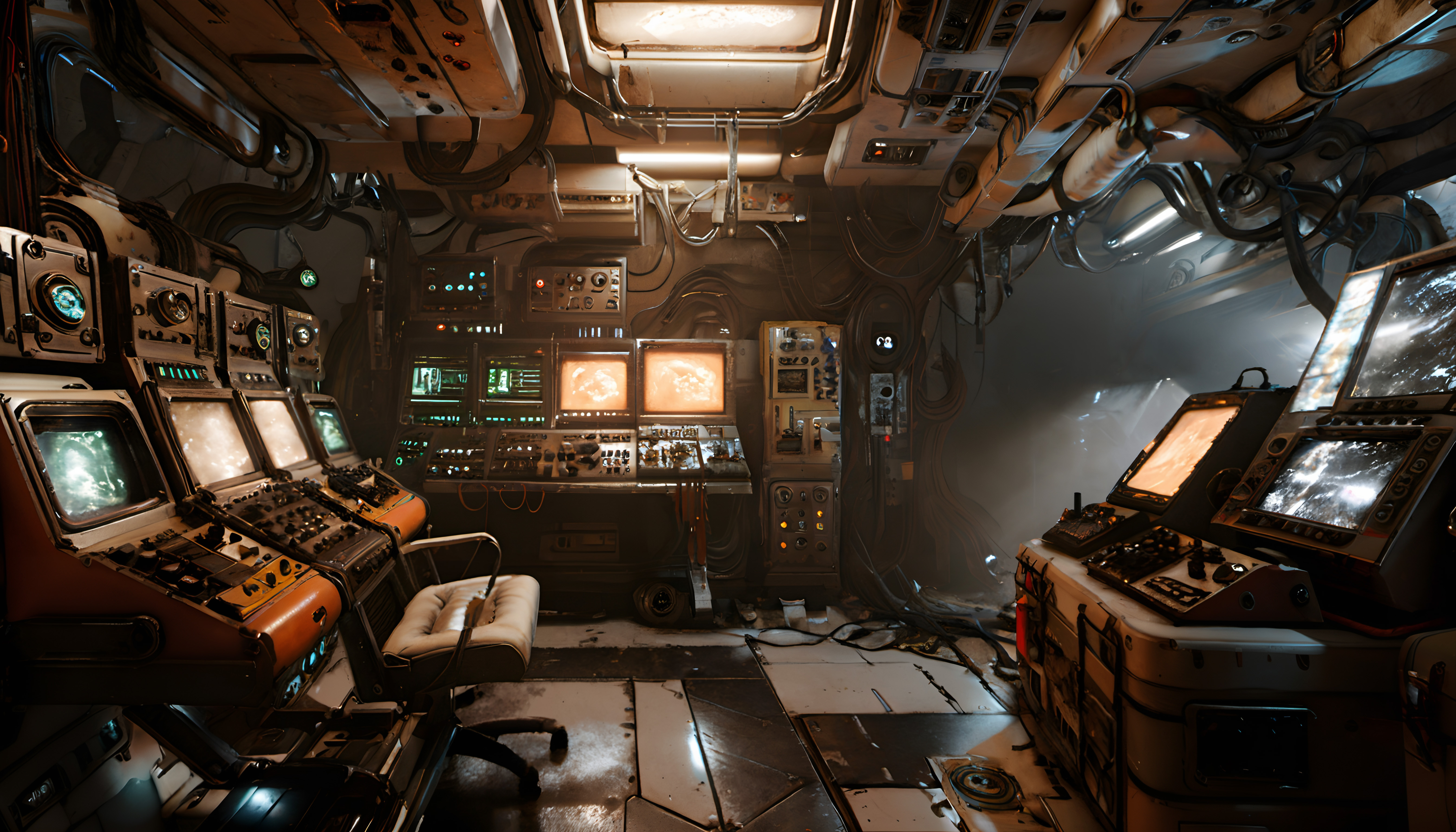 Futuristic spacecraft control room with vintage sci-fi technolog