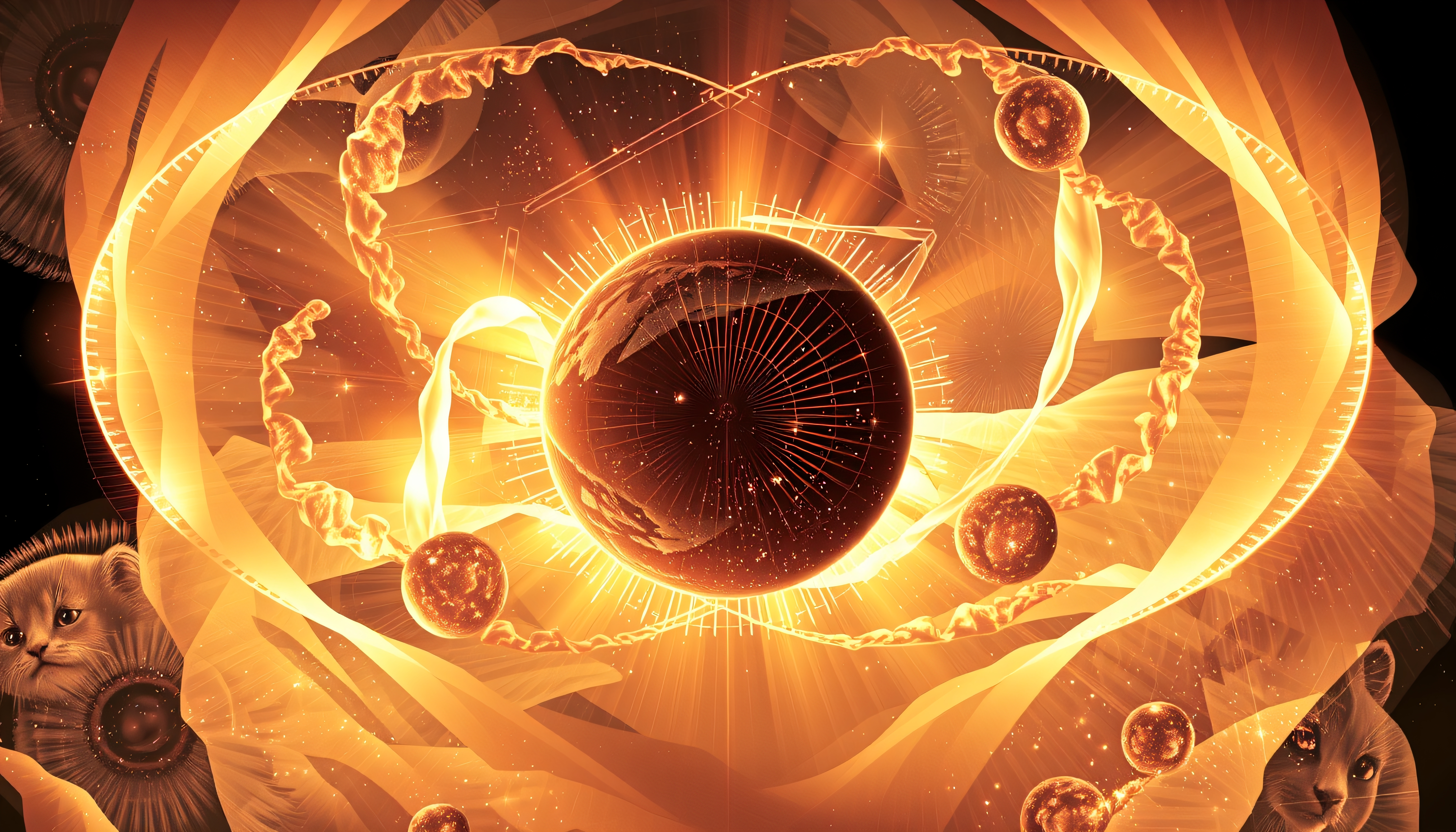 Surreal cosmic art featuring cats gazing into a glowing planet surrounded by orbits and stars