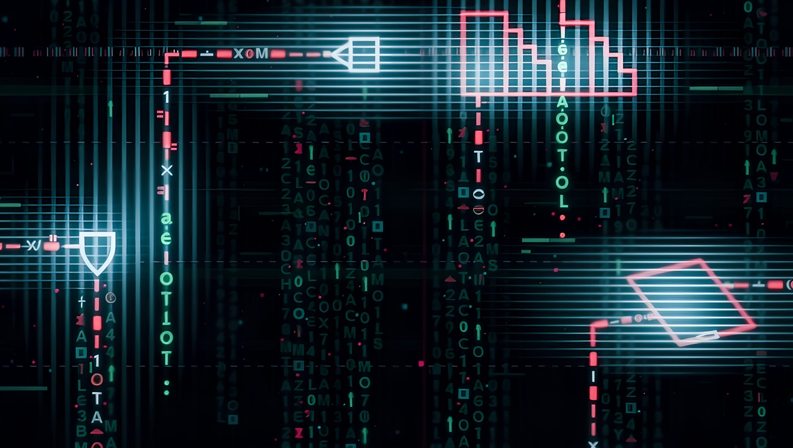 Neon digital interface with cybersecurity motifs and binary codes, depicting high-tech encryption and data flow.