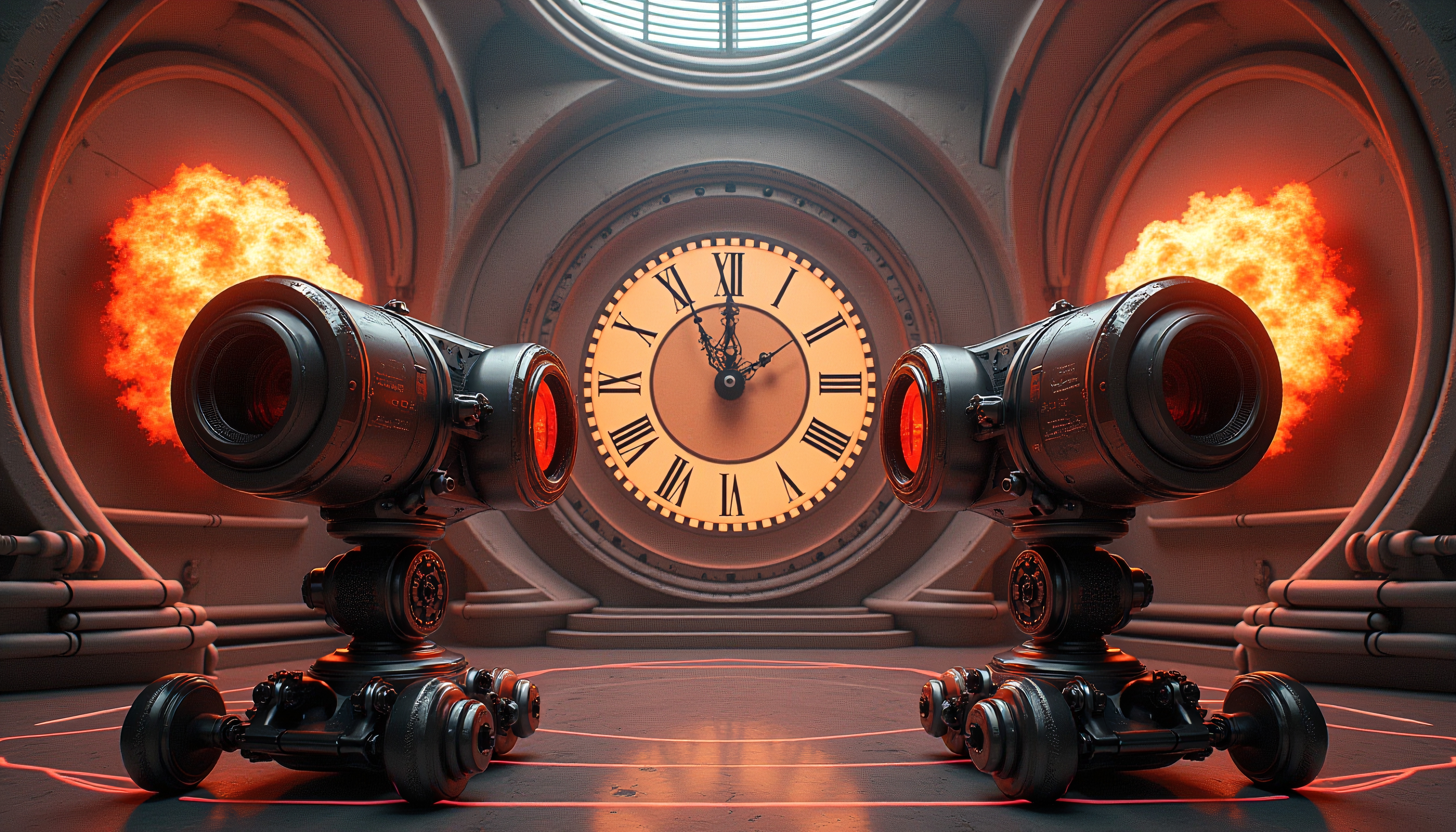 Vintage Robotic Cameras with Roman Numeral Clock in Futuristic I