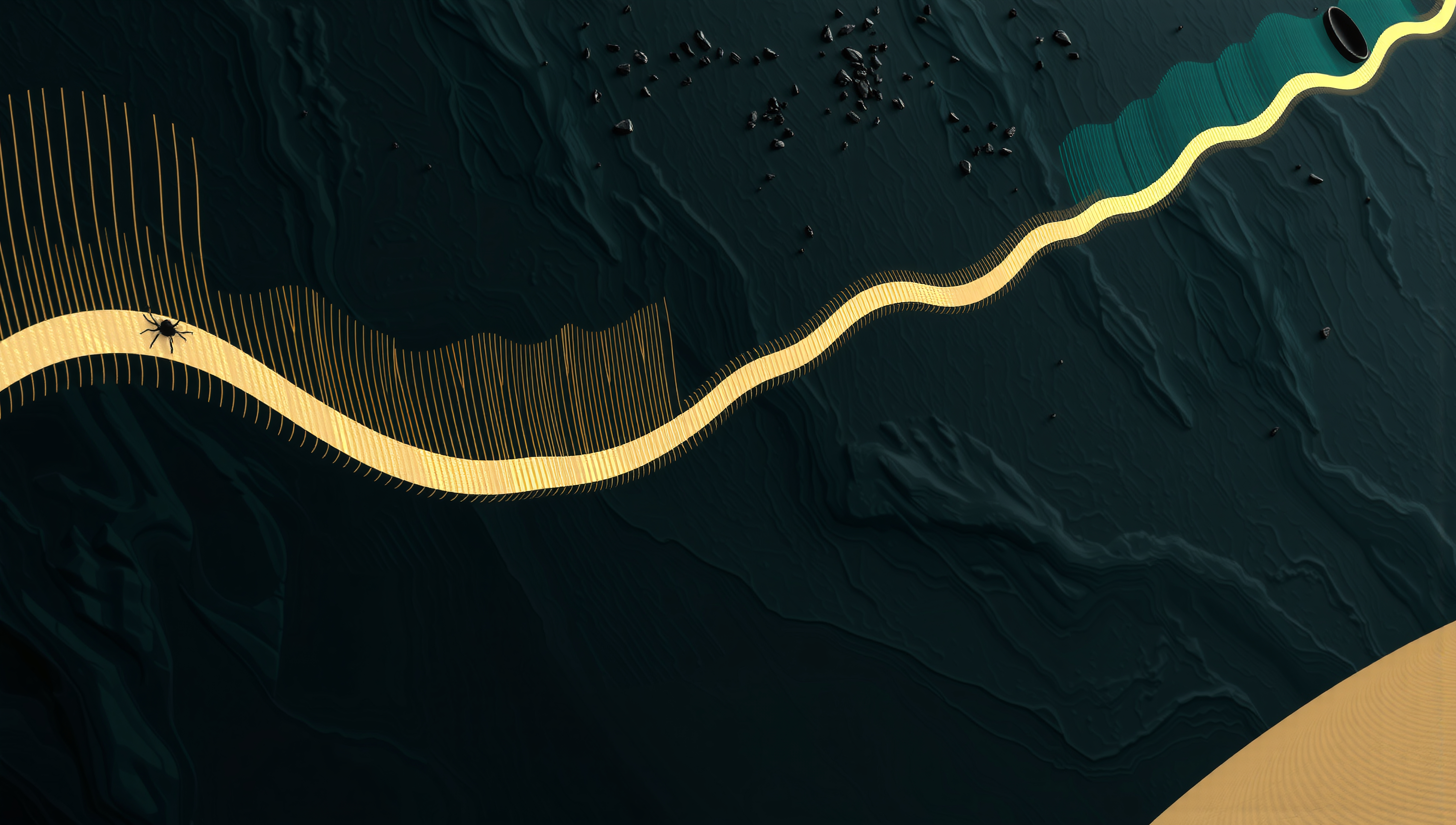 Golden Winding Path Through Abstract Dark Landscape with Spider
