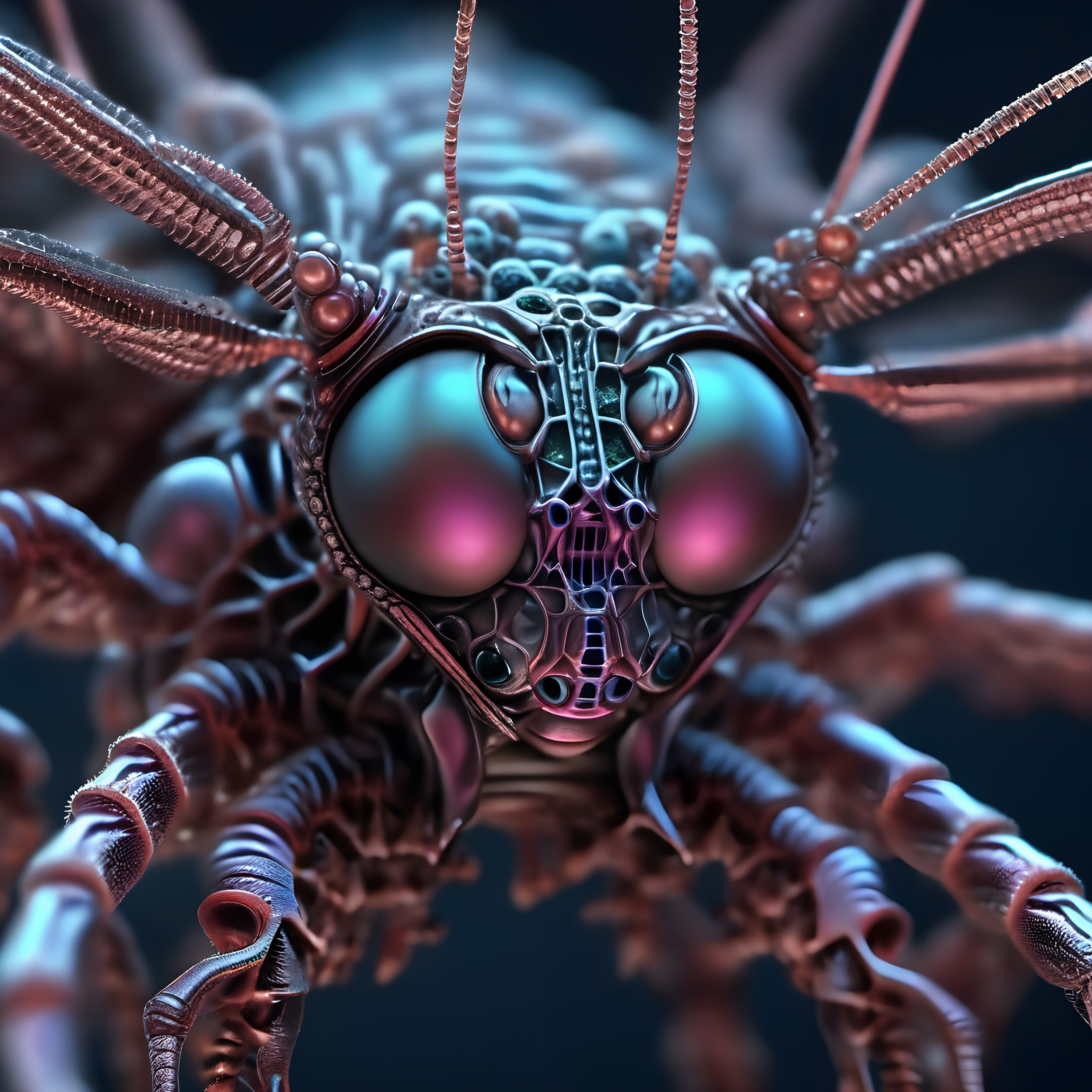 Macro shot of a highly detailed, bioluminescent creature's face,