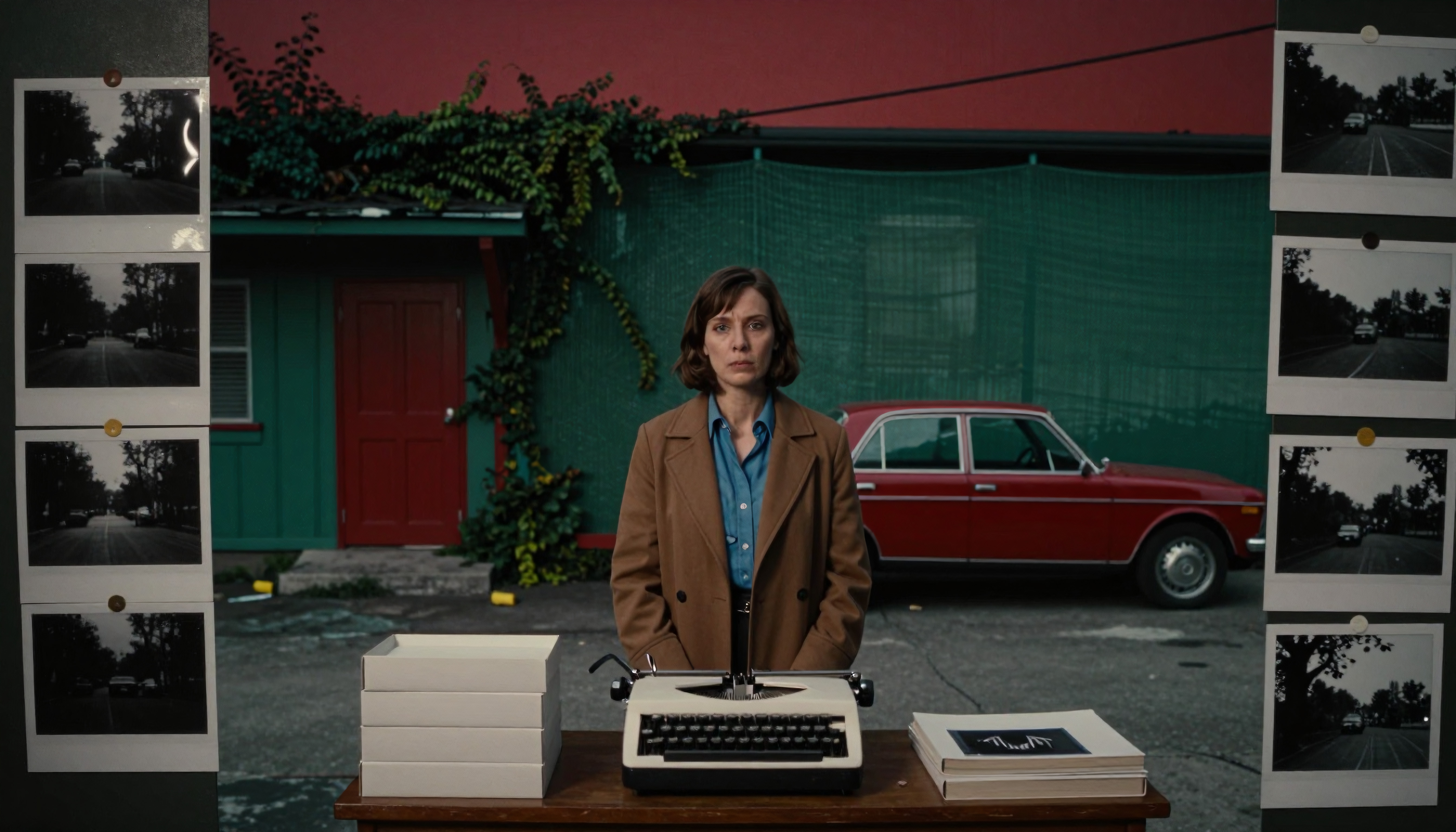 Thoughtful woman at vintage typewriter in front of retro roadsid