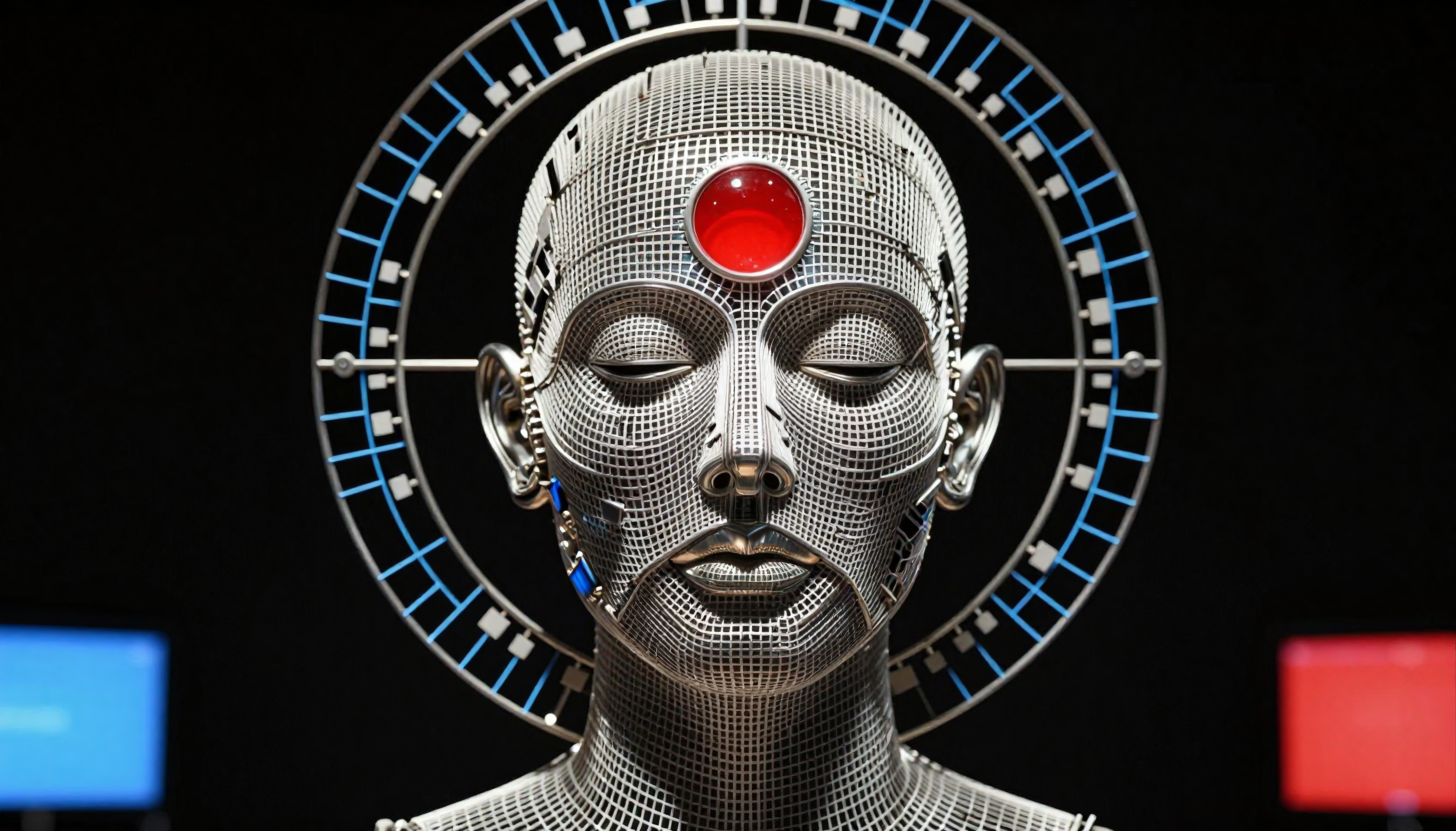 Futuristic Wireframe Human Head Sculpture with Red Forehead Elem