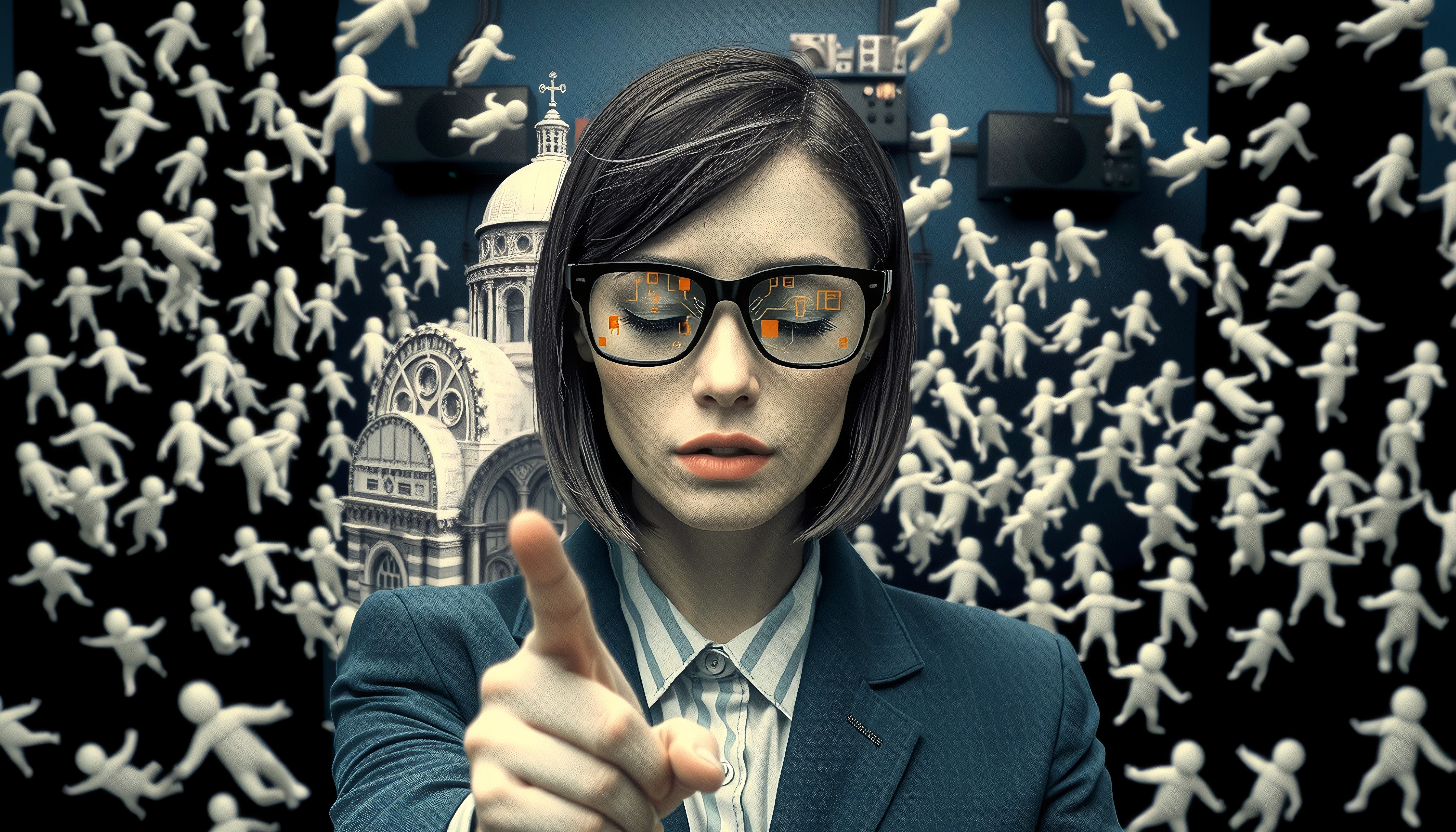 Tech Leader with Digital Glasses Pointing Amidst 3D Figures and
