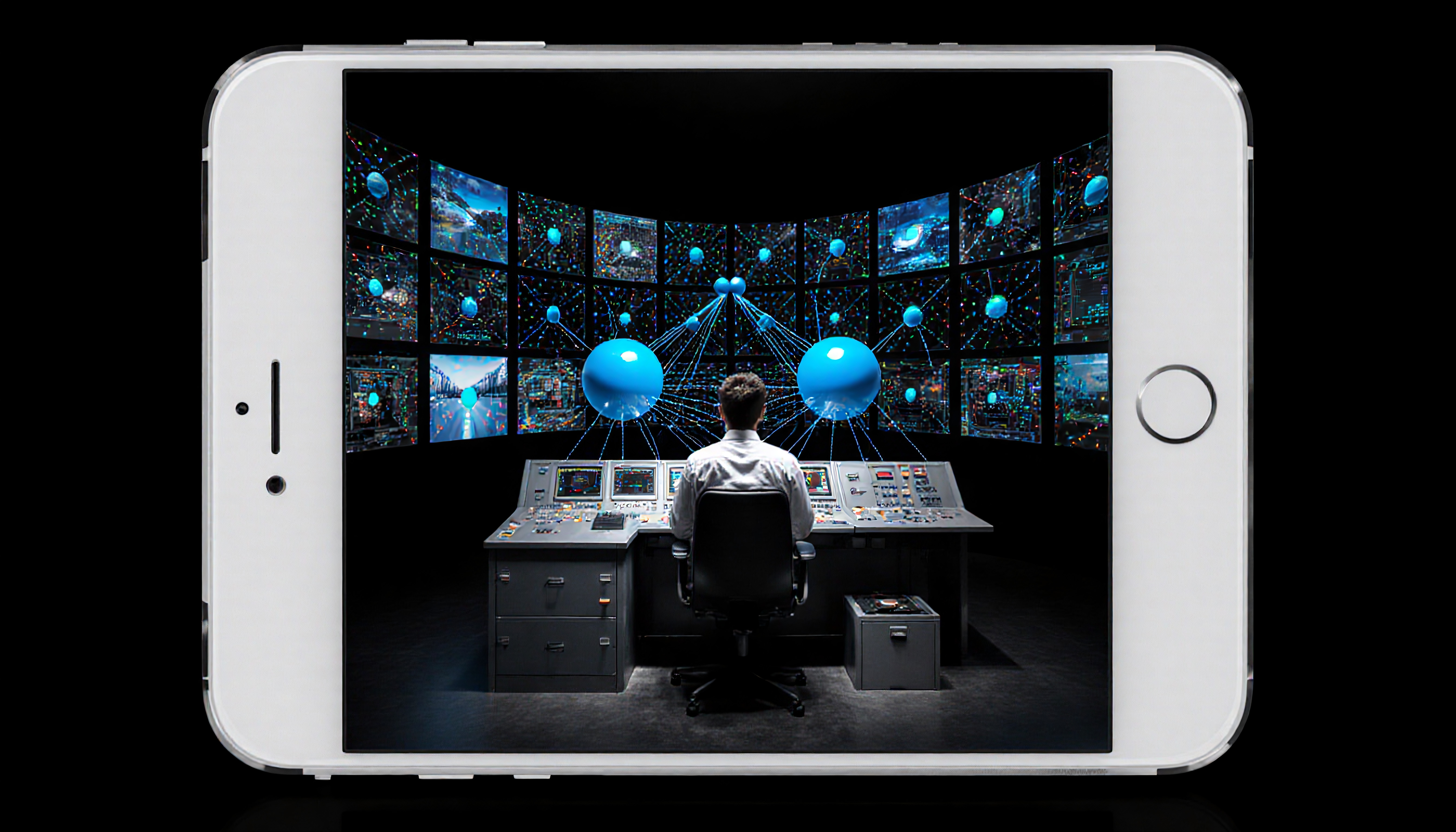 Man Interacting with Advanced Global Data Visualization on a Com
