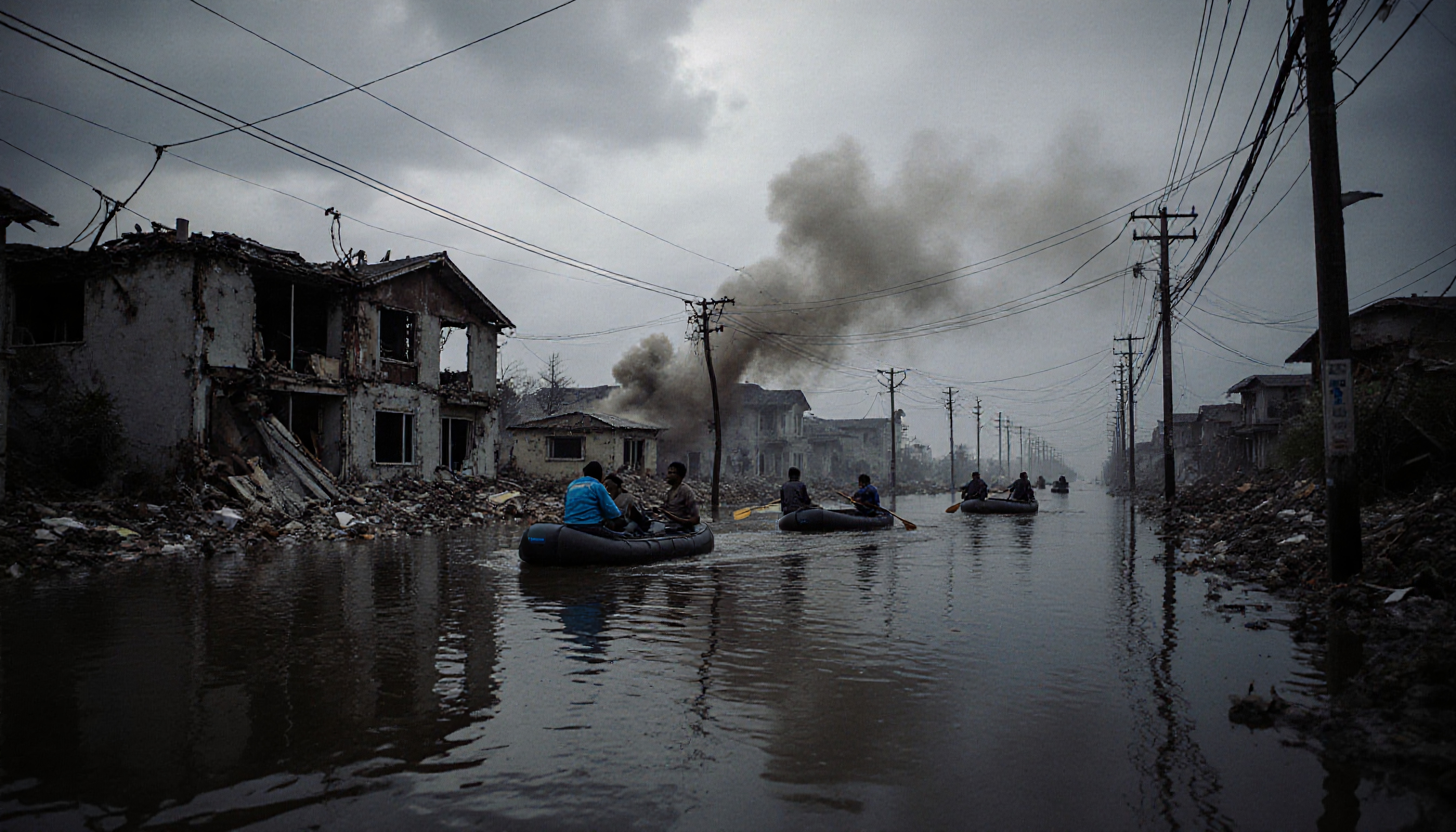 Flooded Urban Street with Inflatable Raft Rescue During Disaster
