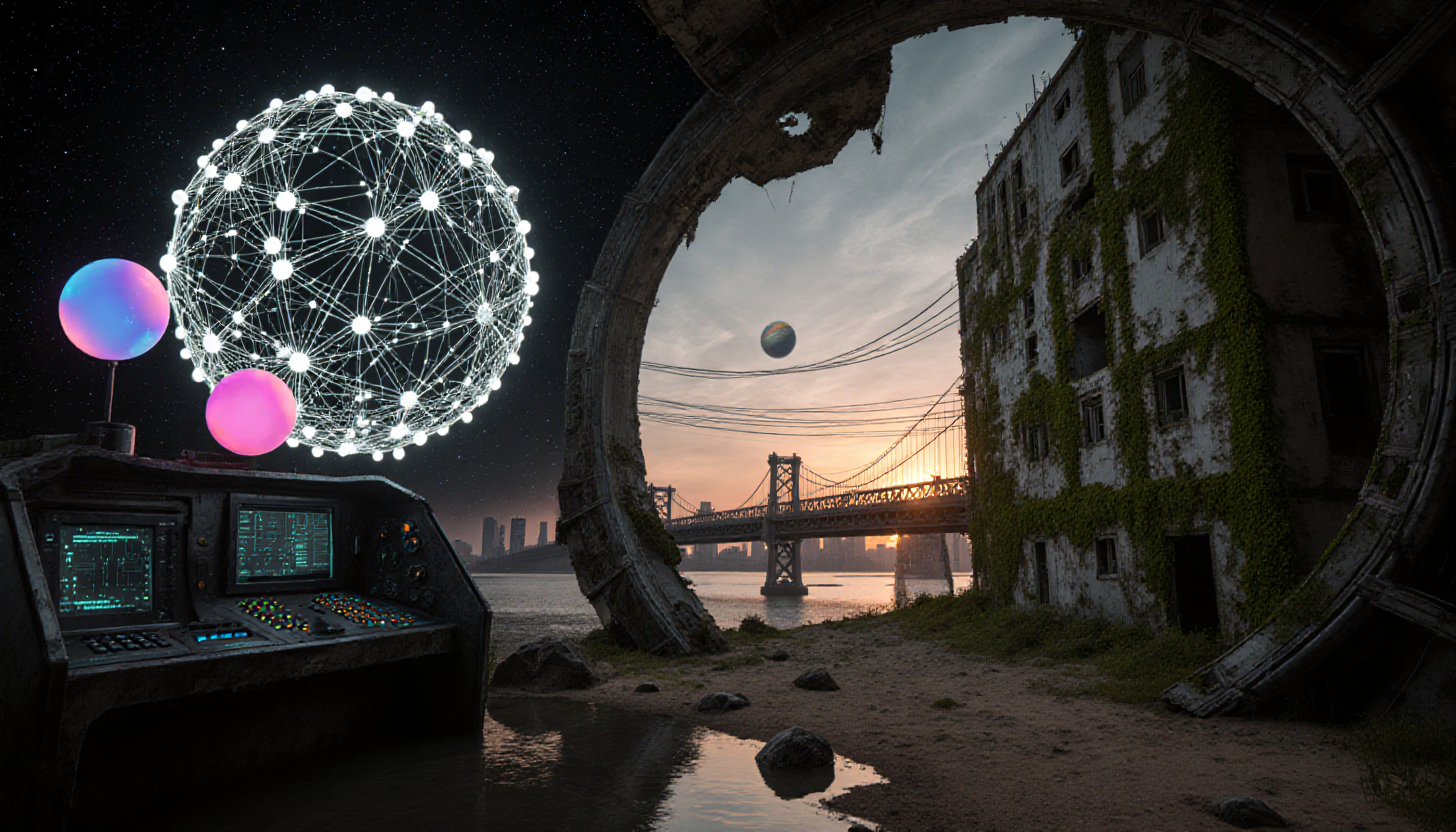 Futuristic Control Panel with Glowing Sphere Over Abandoned City